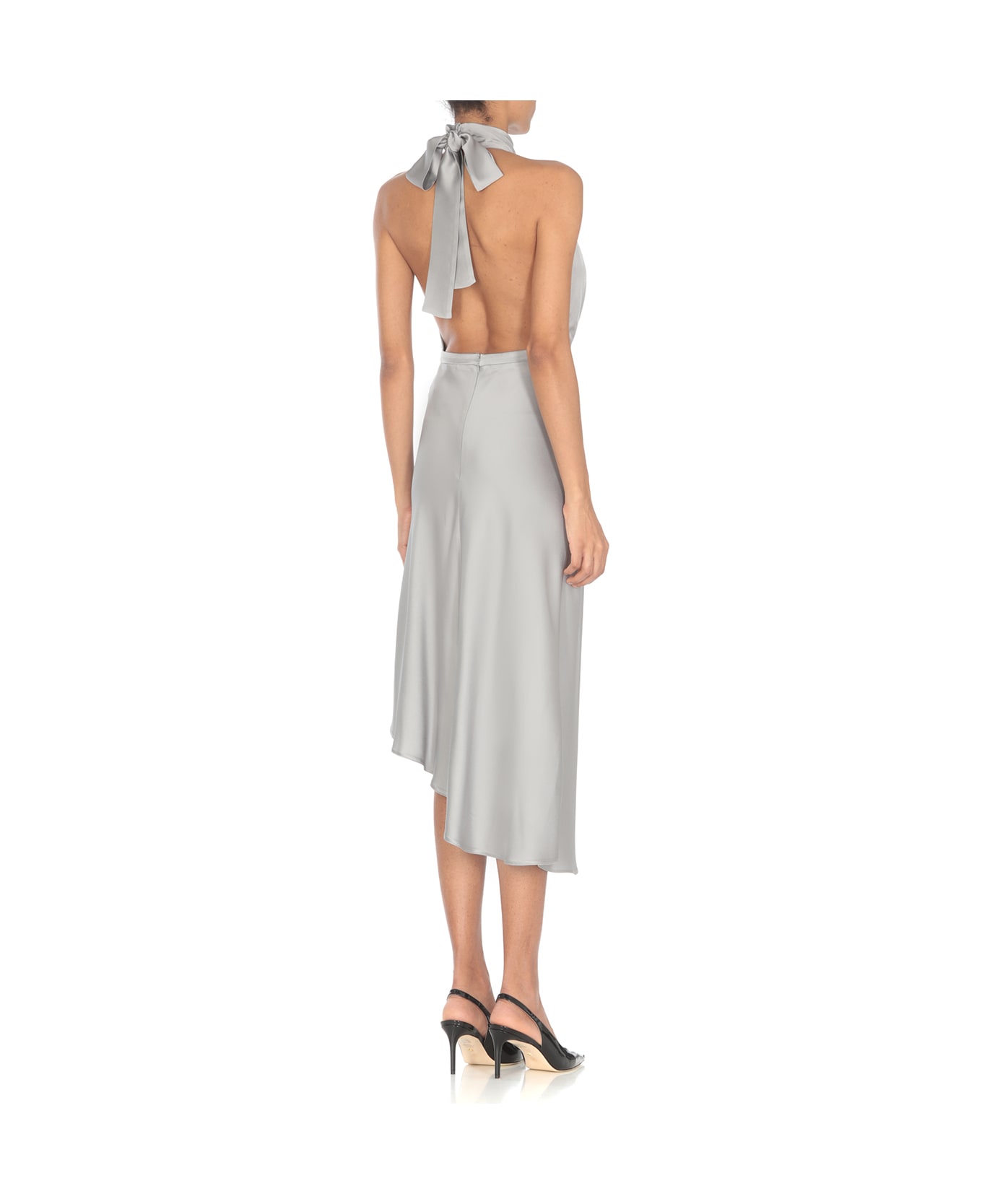 Elisabetta Franchi Satin Midi Dress With Asymmetric Skirt - Silver