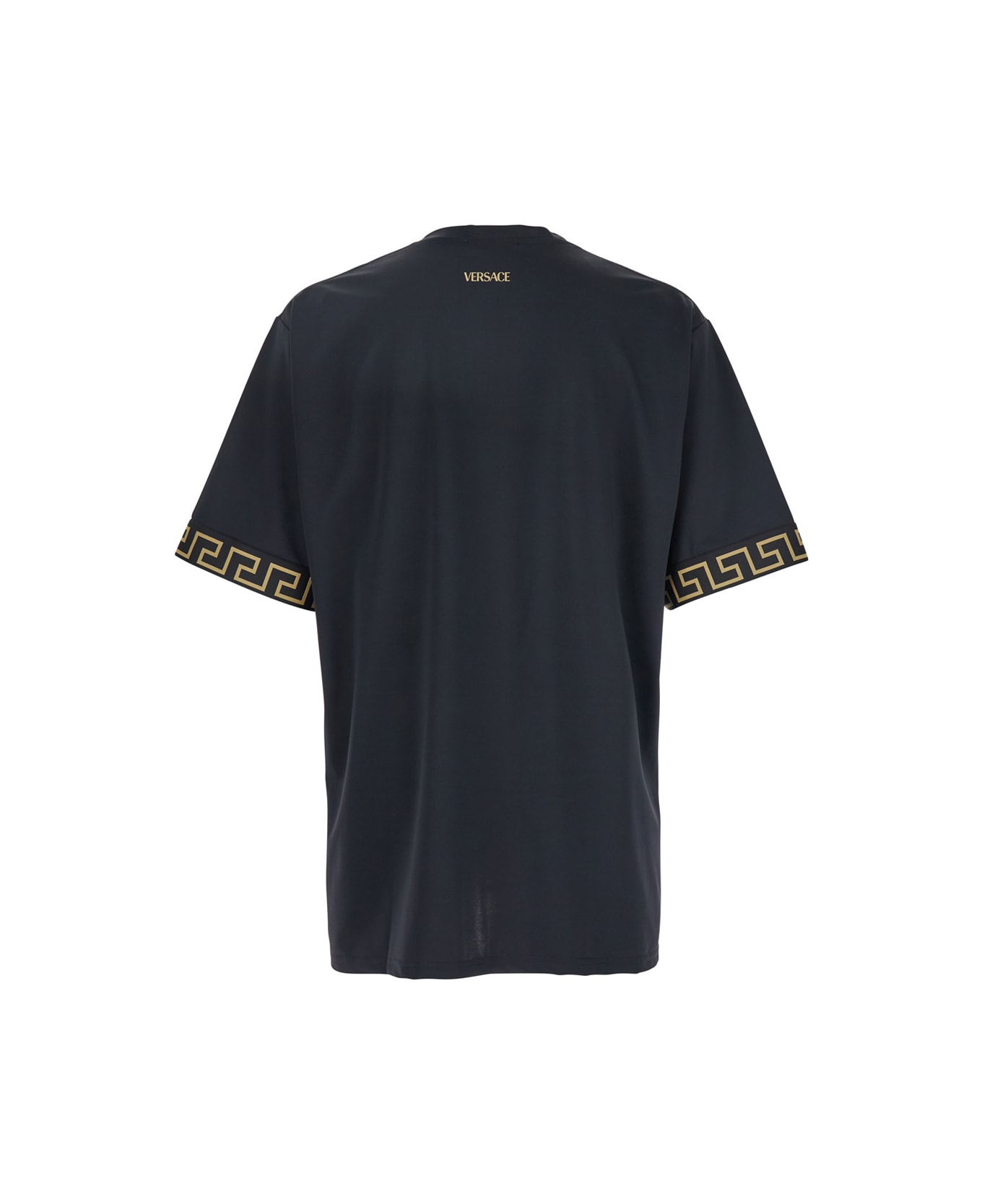 Versace Black Crewneck T-shirt With Greca Pattern On The Sleeves In Tech Fabric Man - Black