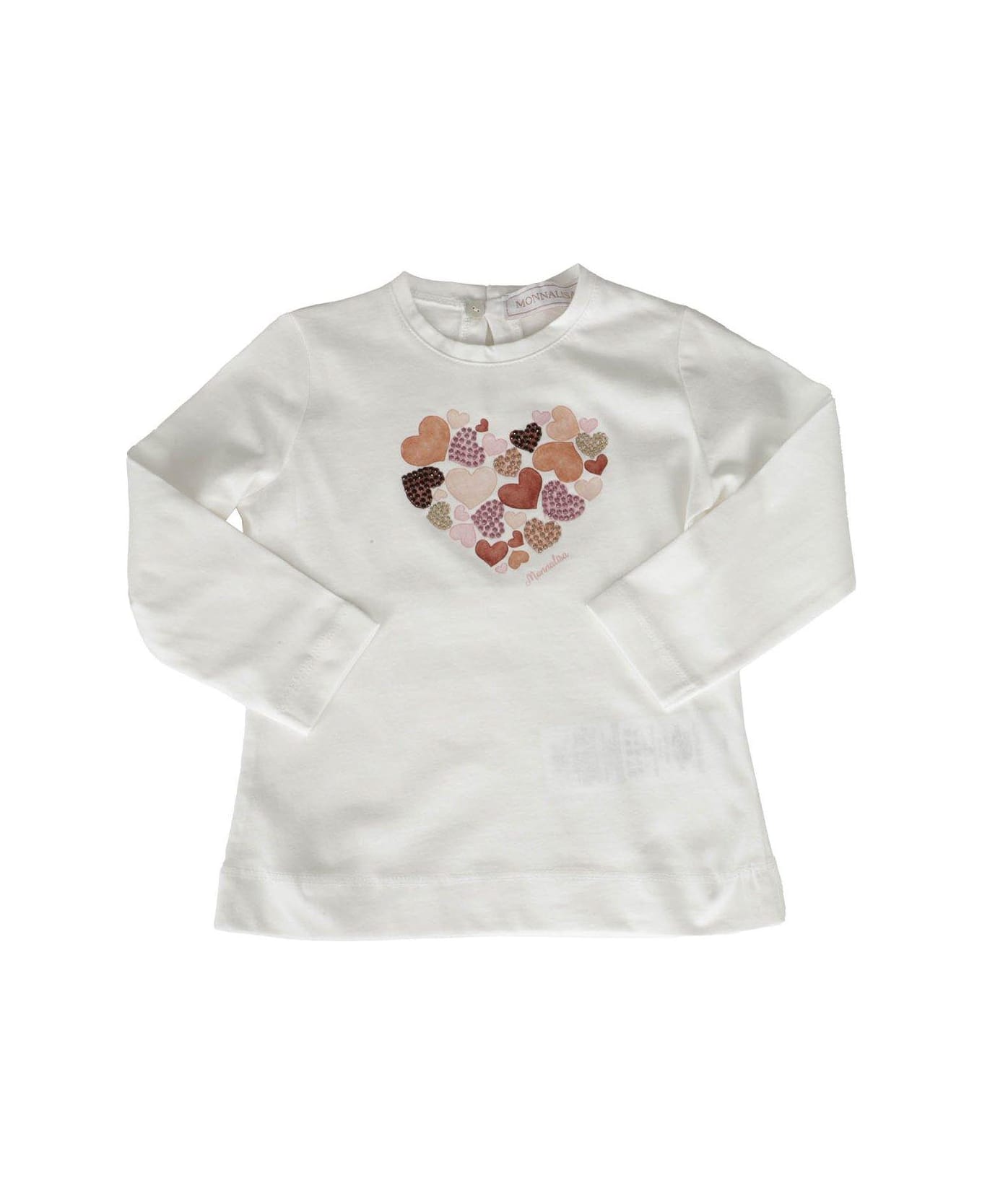 Monnalisa Rhinestone Heart Print Jersey T-shirt - IVORY Tシャツ＆ポロシャツ