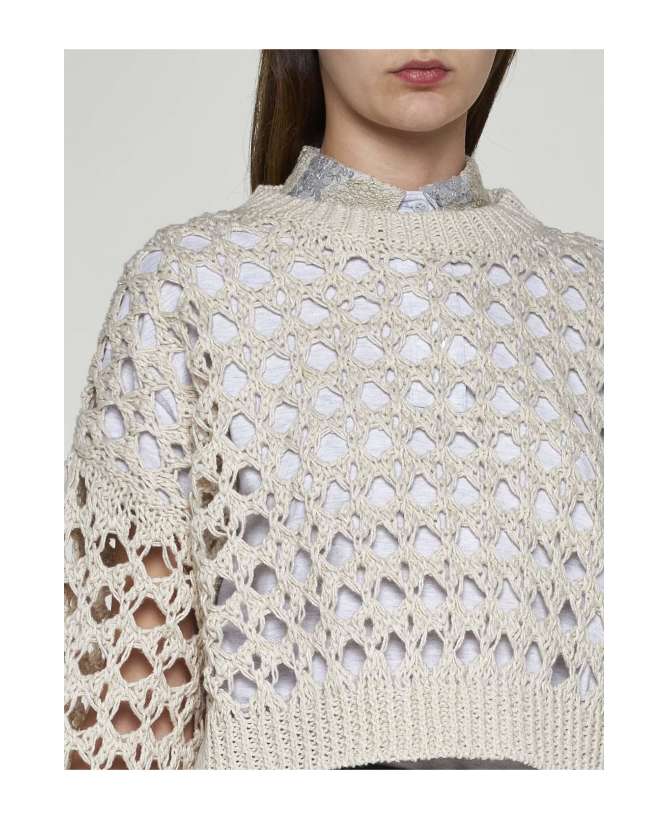 Brunello Cucinelli Crochet Knit Cropped Sweater - NEUTRALS ニットウェア