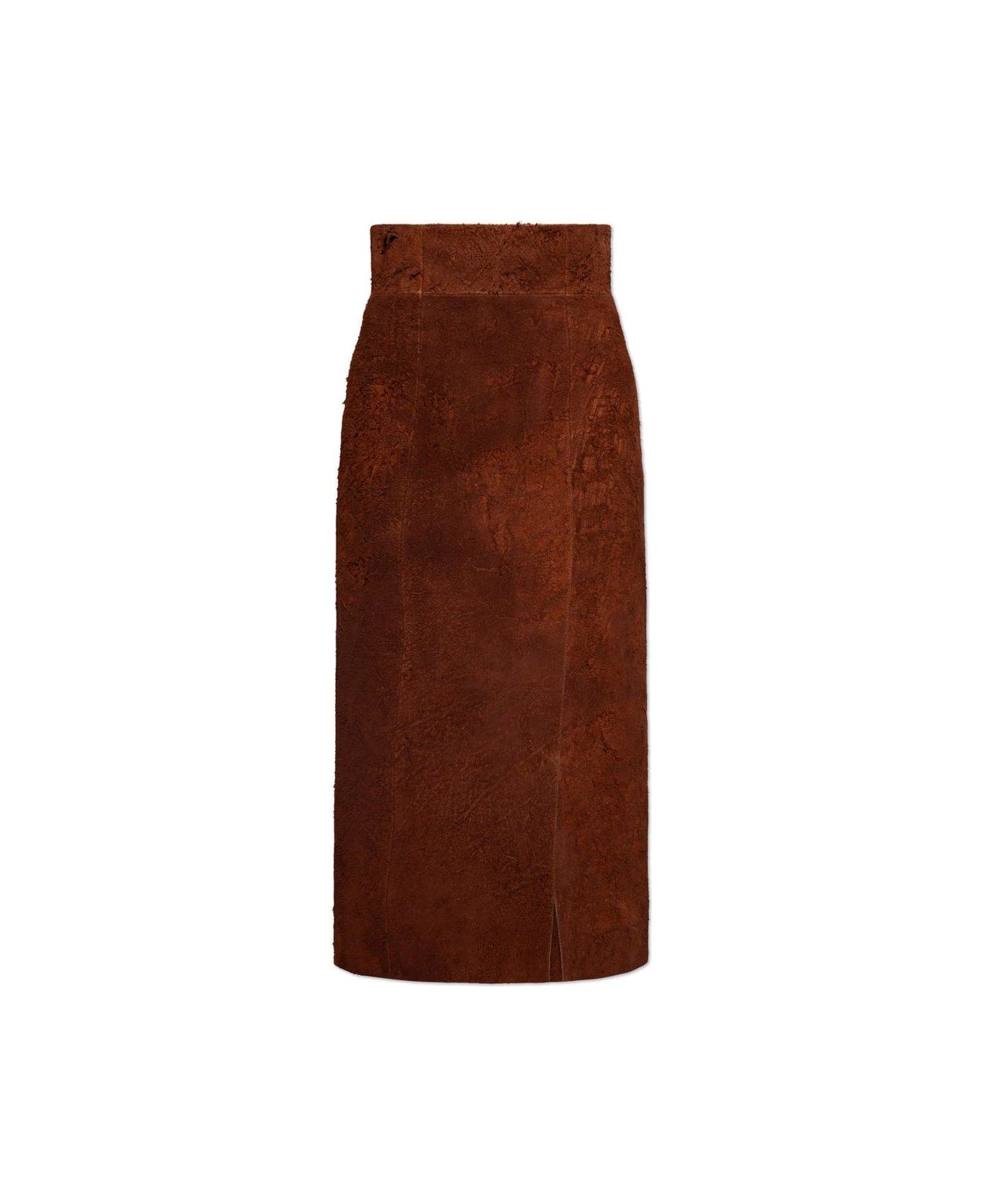 Alexander McQueen High Waist Front-slit Midi Skirt - Brown