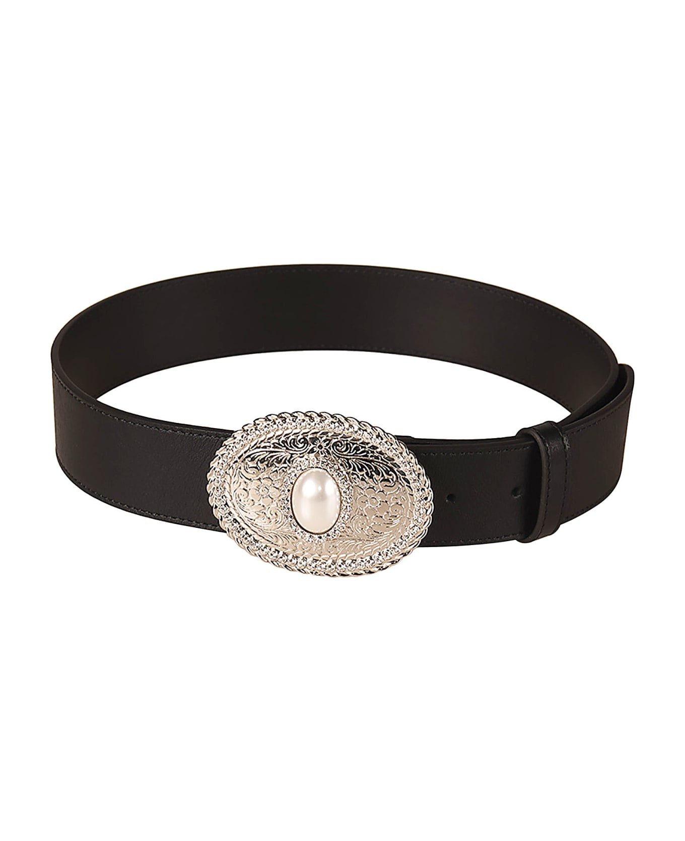 Alessandra Rich Oval Buckle Pearl Detail Leather Belt - Black/Silver