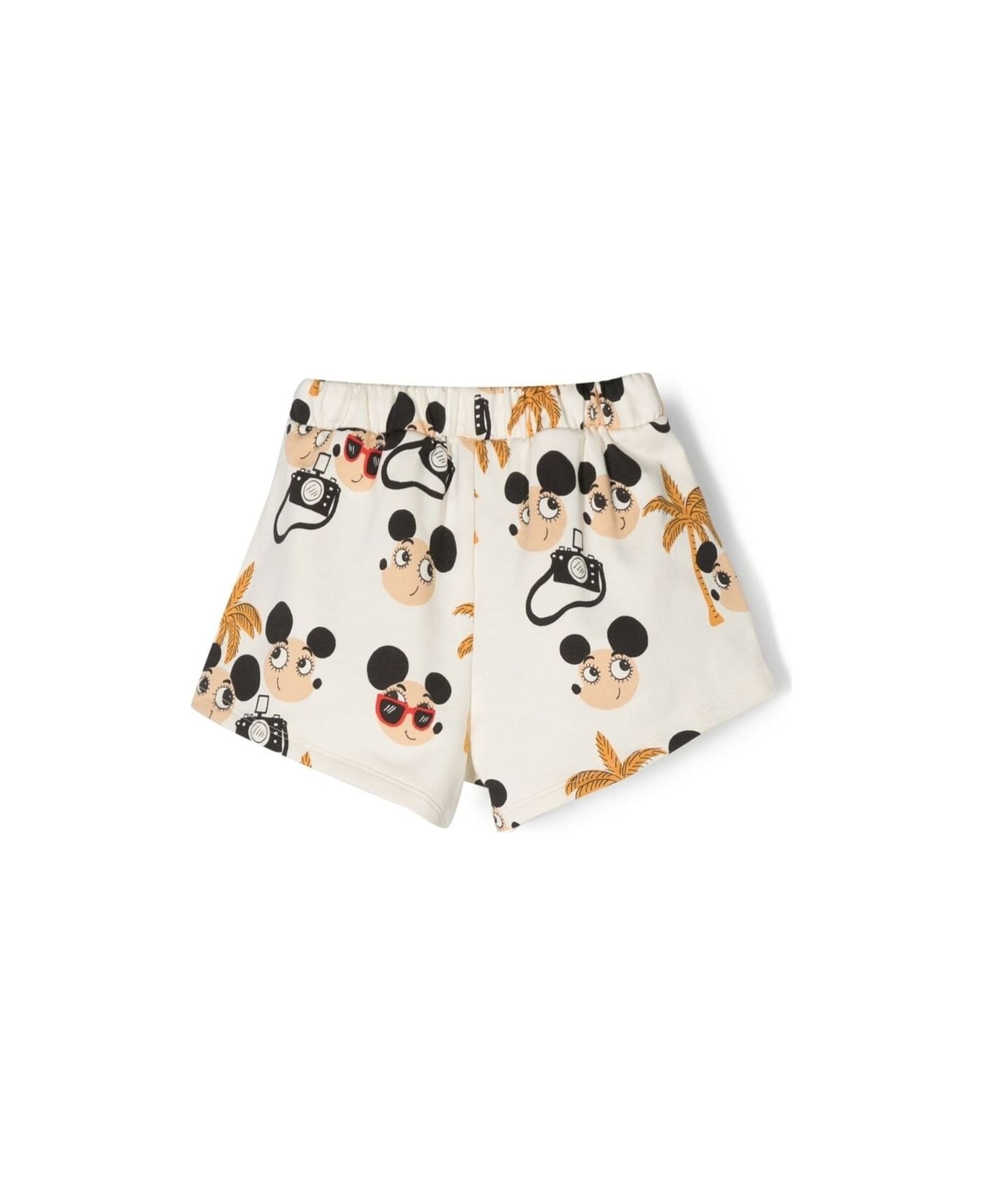 Mini Rodini White Drawstring Shorts With All-over Mice And Palms Print In Cotton Girl - White