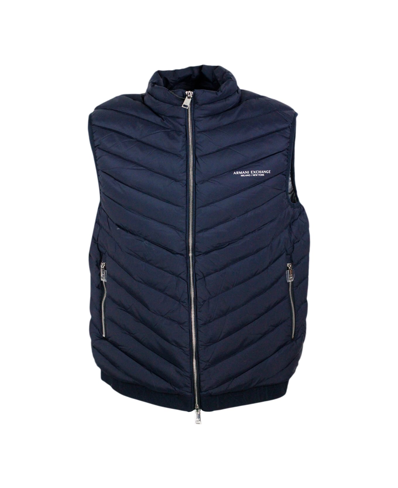 Armani Collezioni Sleeveless Vest In Light Down Jacket With Logoed And Elasticated Bottom And Zip Closure - Blu