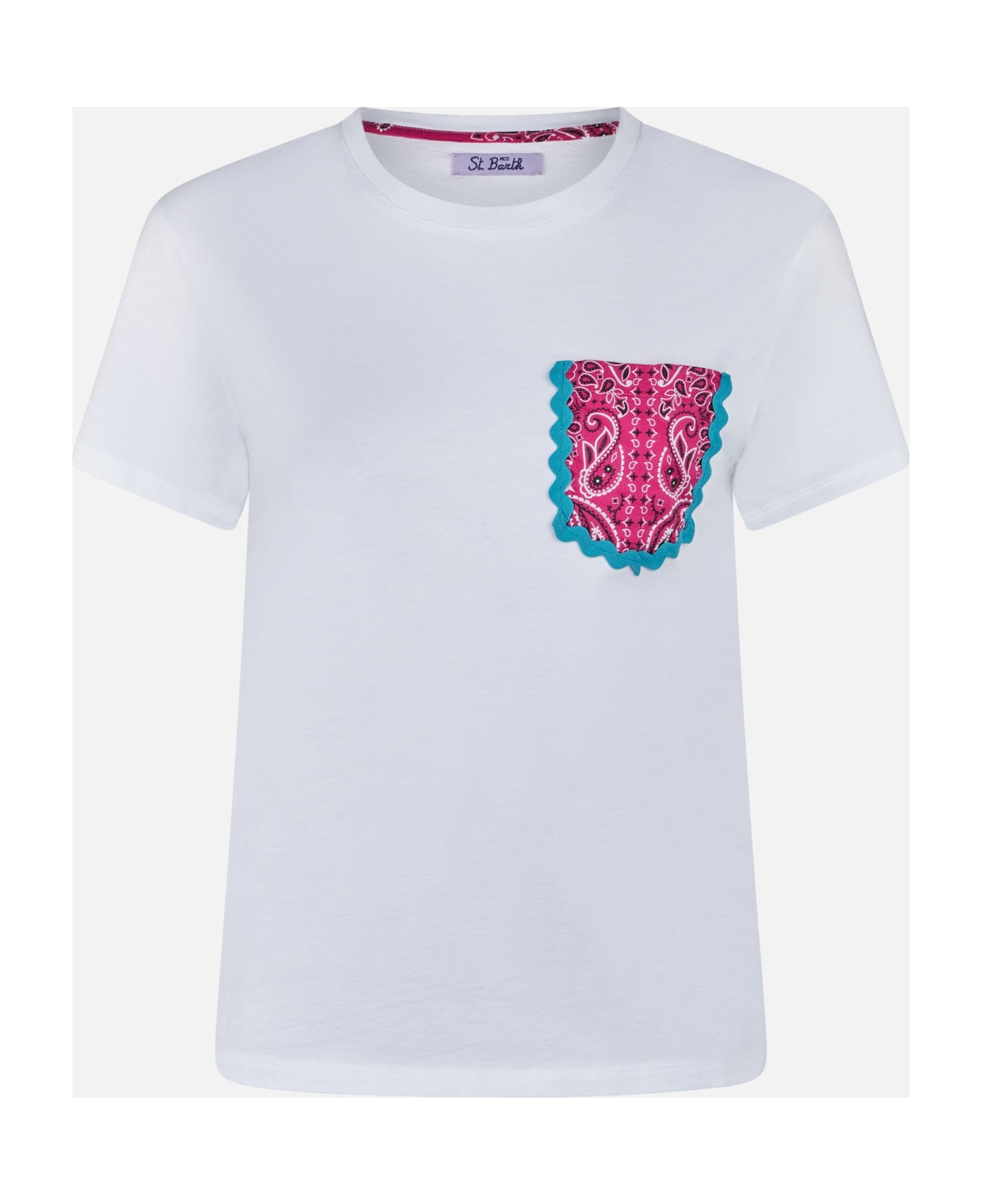 MC2 Saint Barth Woman Cotton T-shirt With Bandanna Print Pocket - WHITE