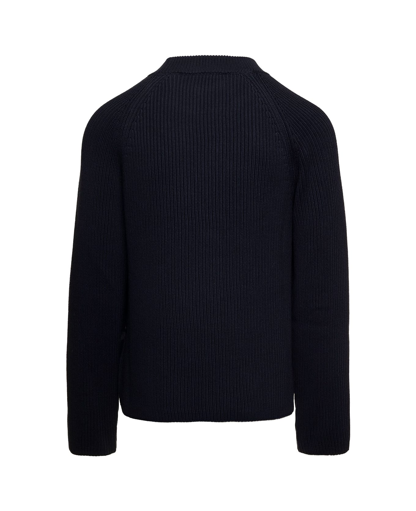 Ami Alexandre Mattiussi Dark Blue Crewneck Ribbed Sweater With Tonal Logo Patch In Wool And Cotton Man - Blu
