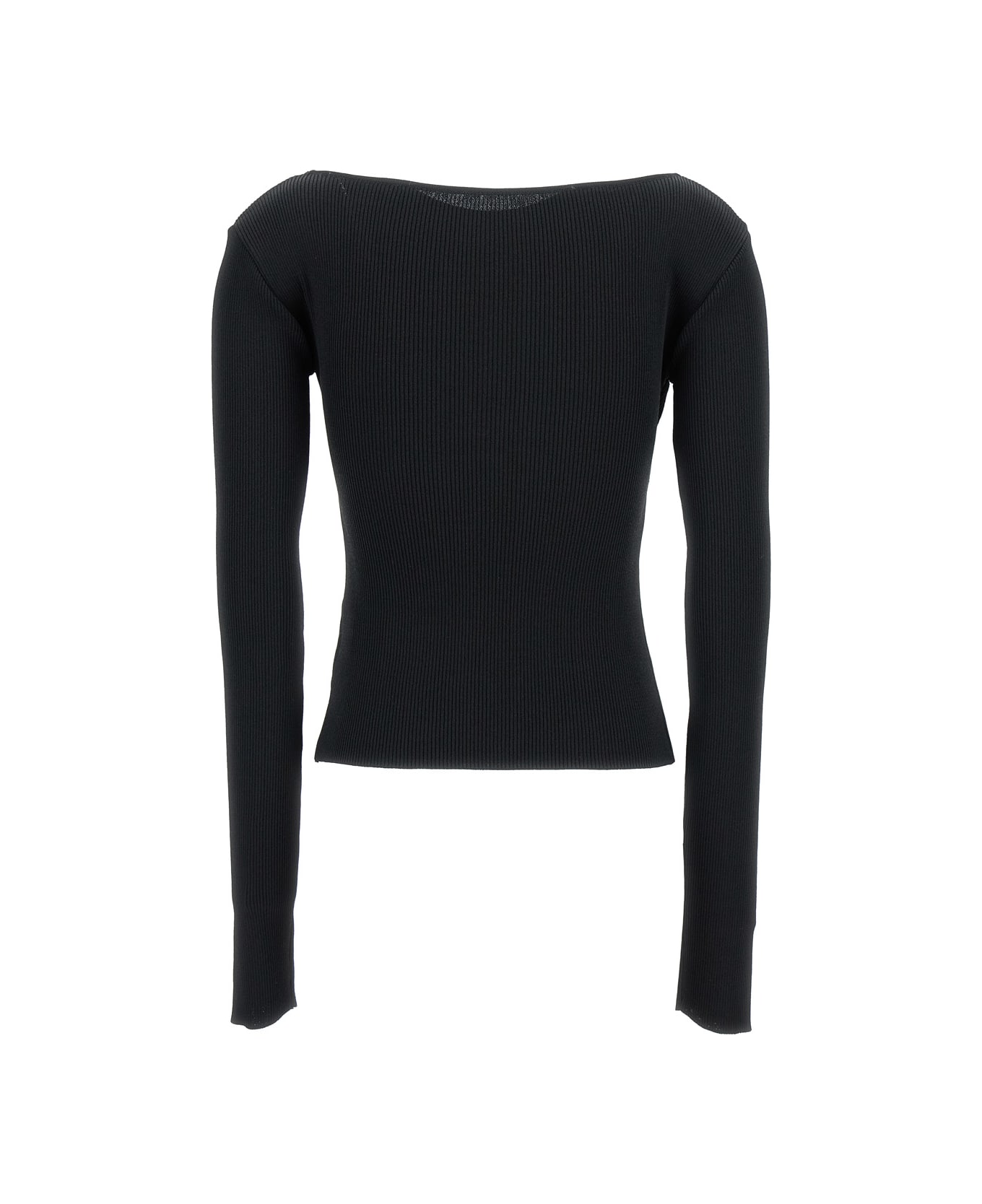 Low Classic Black Ribbed Top With Boat Neckline And Buttons In Rayon Blend Woman - Black ニットウェア