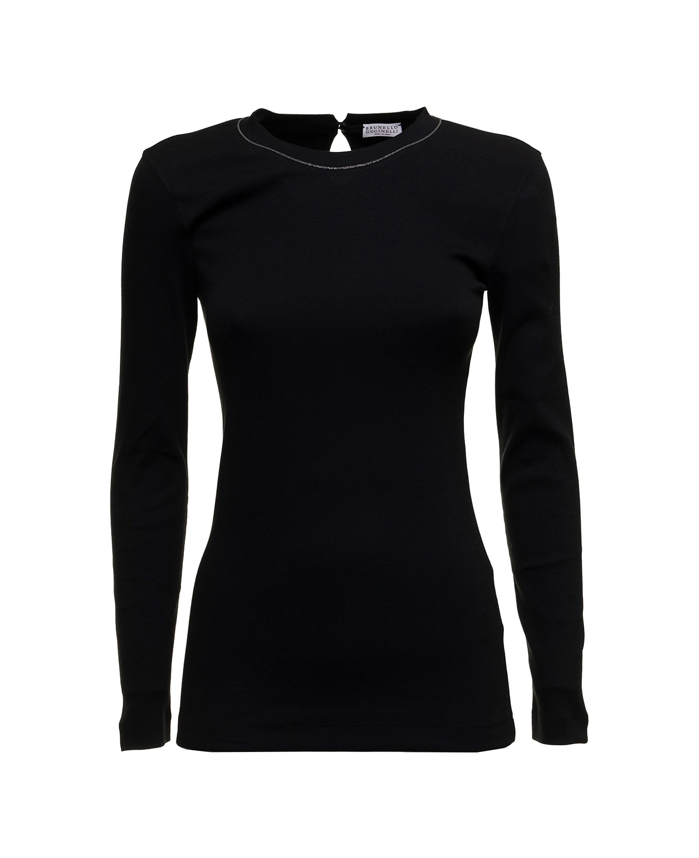 Brunello Cucinelli Womans Long-sleeved Black Cotton T-shirt With Monile Crew Neck - Black