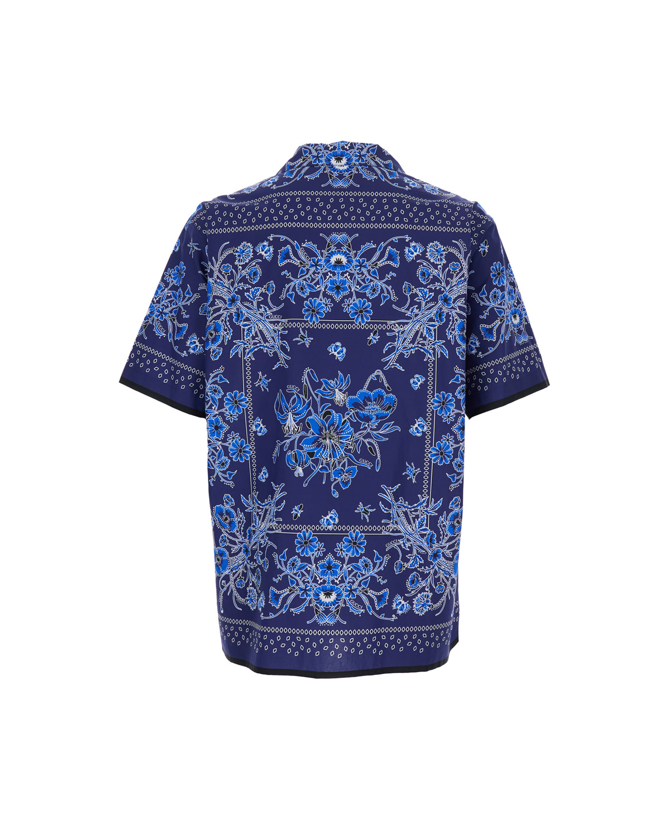 Gucci Blue Bowling Shirt With Cuban Collar And All-over Floral Print In Cotton Man - Blu