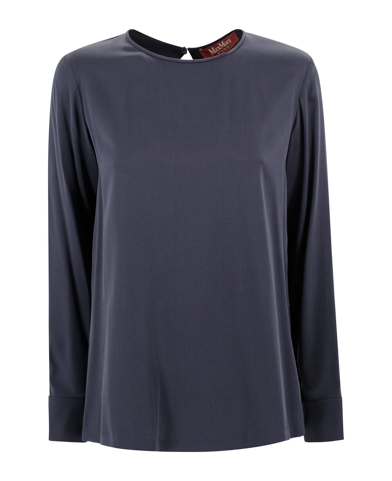 Max Mara Studio Silk Satin Shirt With Round Neck. - Blu marino