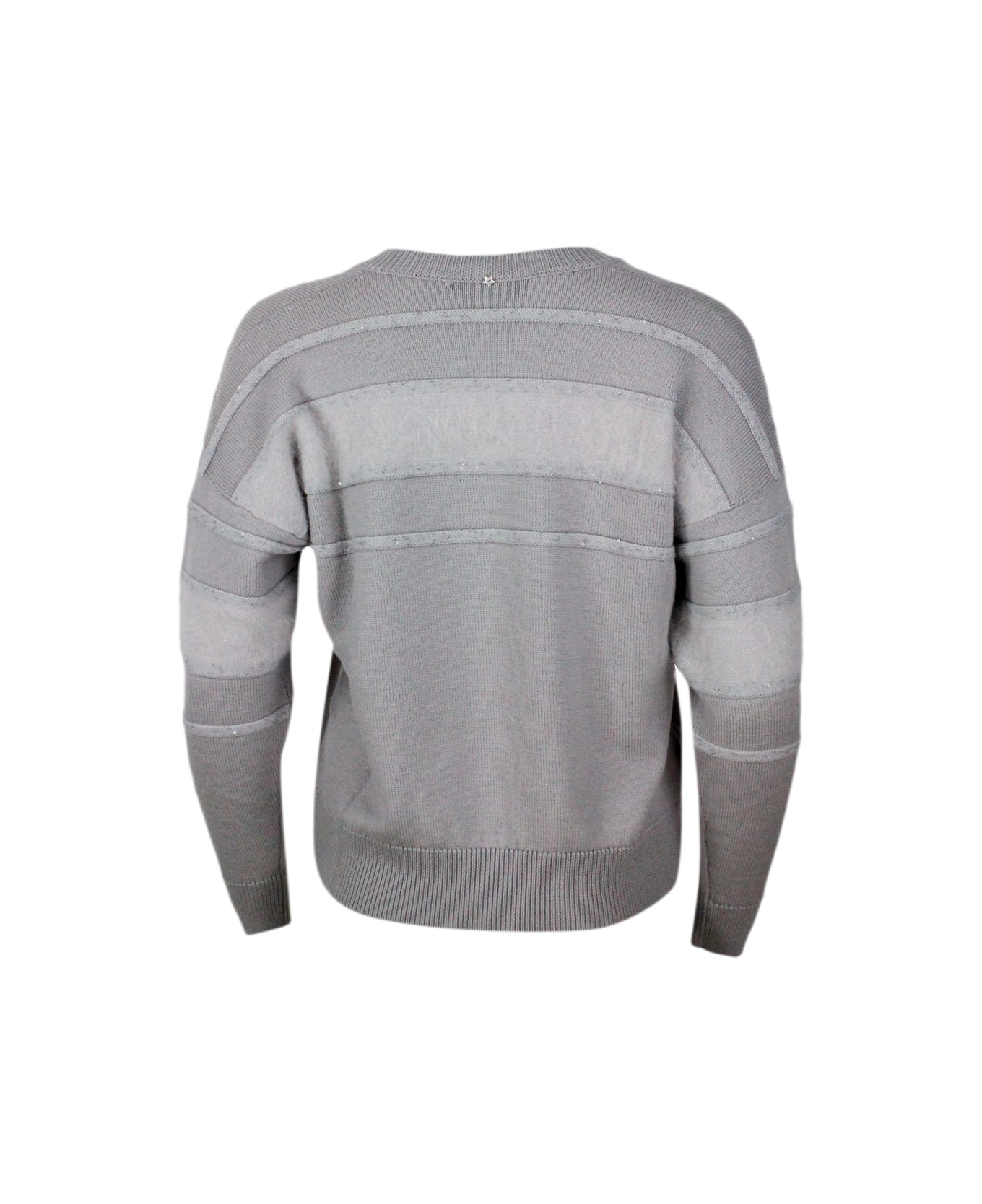 Lorena Antoniazzi V-neck Sweater Made Of Soft Wool With Three-dimensional Workmanship Embellished With Micro Sequins - Grey Mink