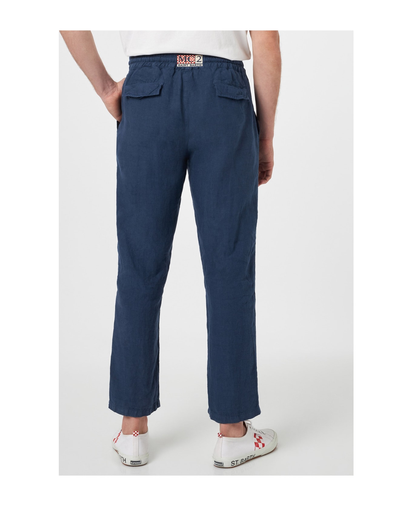 MC2 Saint Barth Man Navy Blue Linen Calais Pants With Drawstring - BLUE