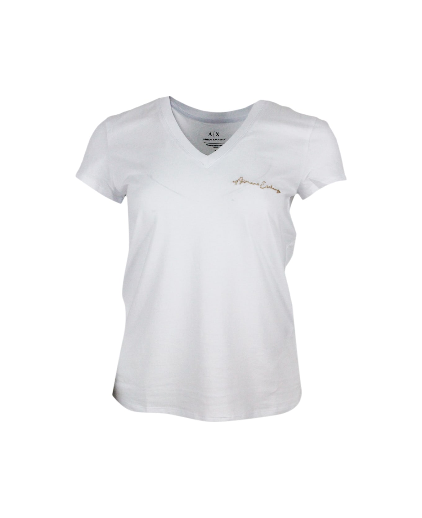 Armani Collezioni Short Sleeve V-neck T-shirt With Logo On The Chest - White
