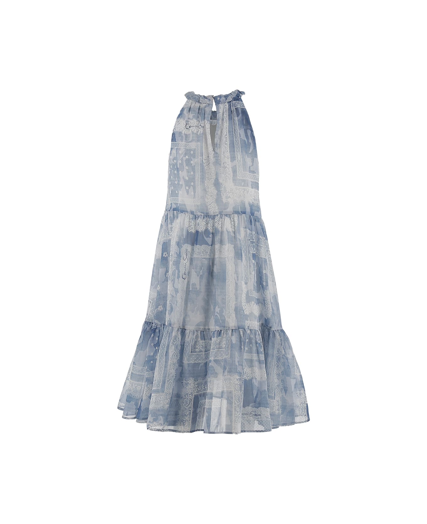 Ermanno Scervino Junior Cotton And Silk Voile Sleeveless Dress With Lace - Blue