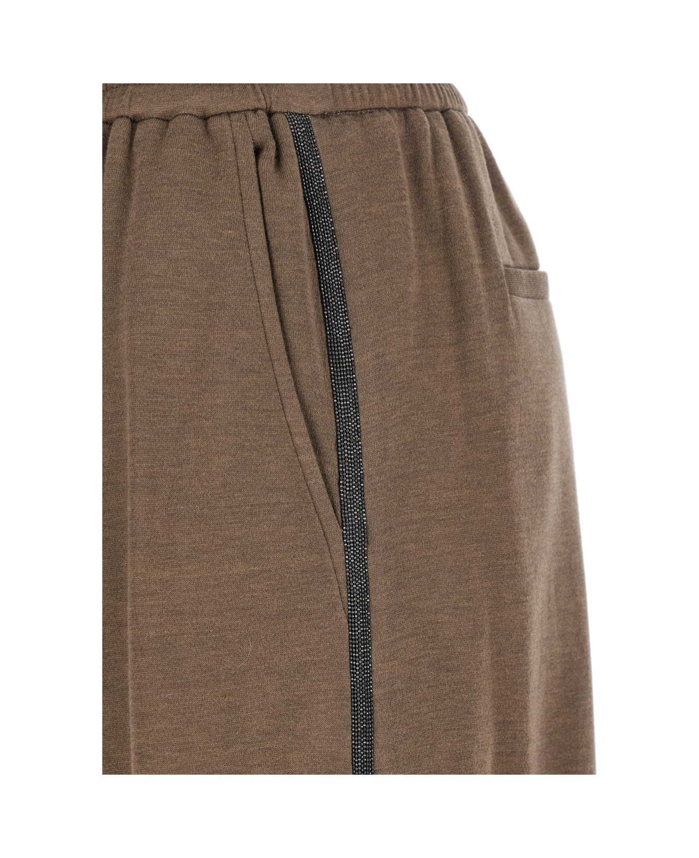 Brunello Cucinelli Brown Pants With Elastic Drawstring Waist And Monil Detail On The Side In Cotton Blend Woman - Brown
