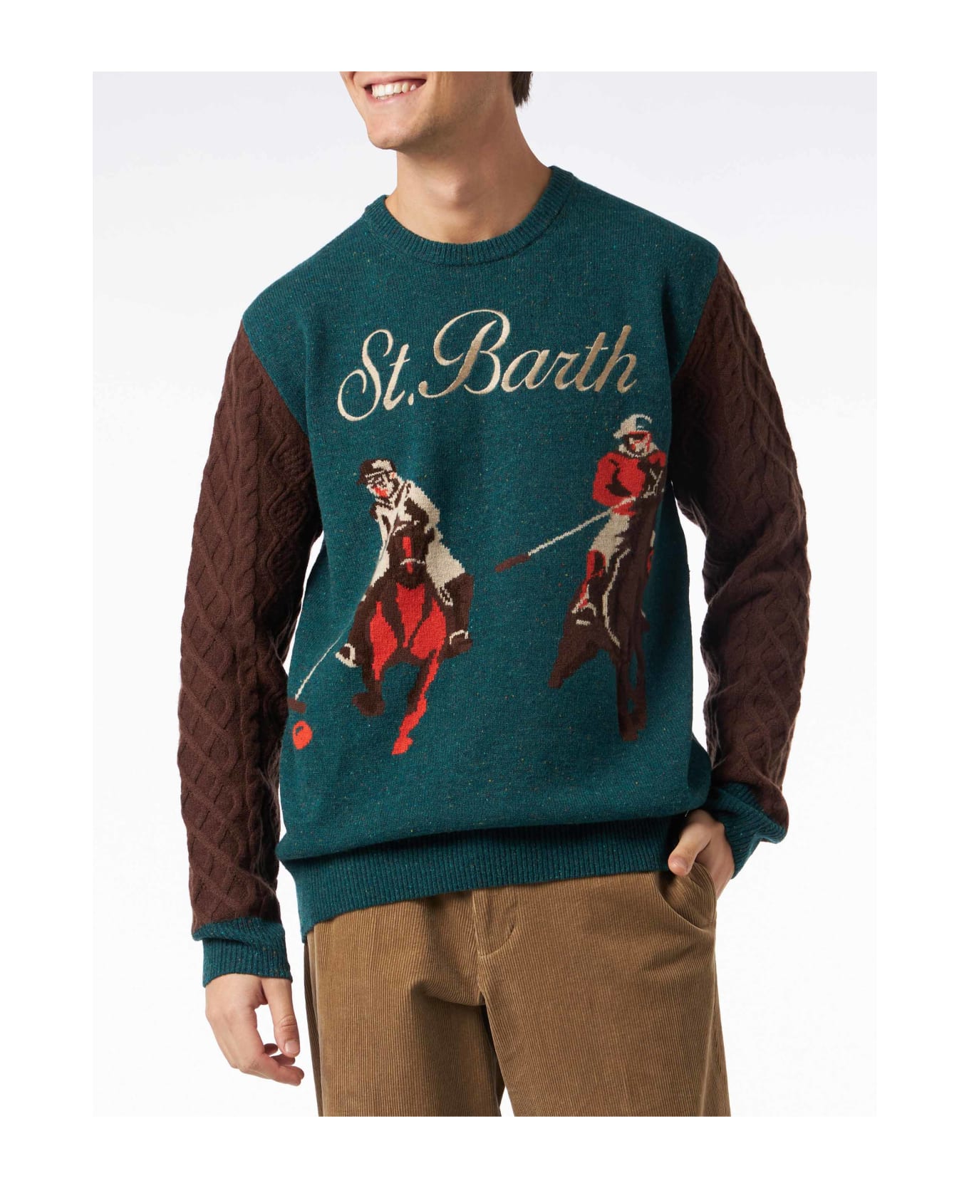 MC2 Saint Barth Man Crewneck Donegal Sweater With Polo Jacquard - GREEN