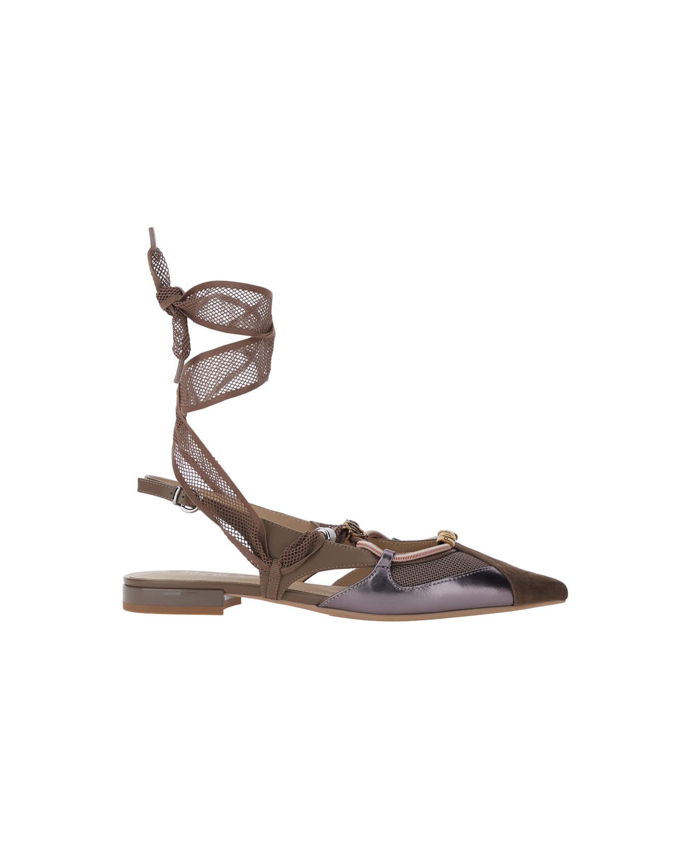 Pinko 'gianira' Brown Ballerinas With Pointed Toe And Decorative Ankle Band In Leather And Fabric Blend Woman - Brown