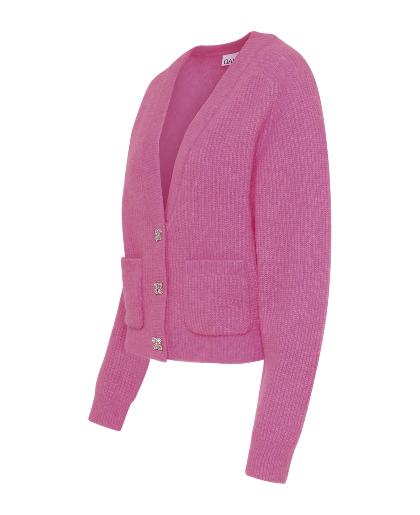 Ganni Pink Merino Wool Blend Cardigan - Pink カーディガン