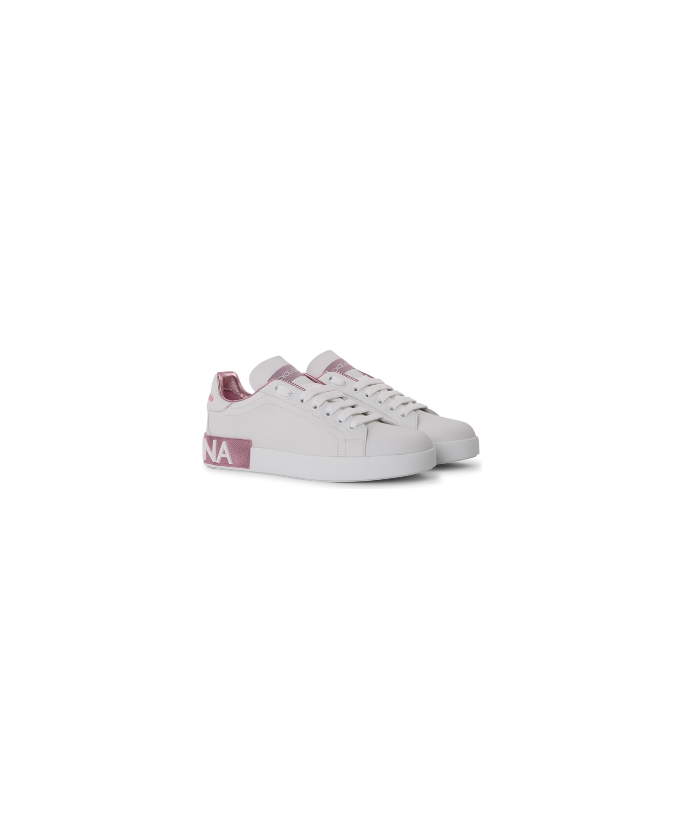 Dolce & Gabbana Portofino Sneakers In Leather With Contrasting Inserts - White/pink