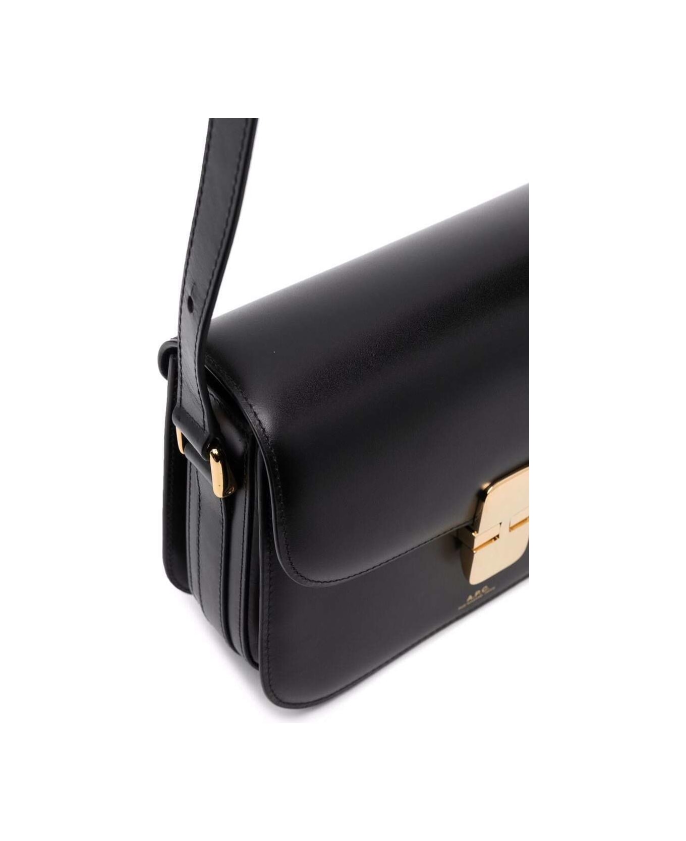 A.P.C. Black Bag In Genuine Leather With Gold Color Engraved Logo And Adjustable Shoulder Strap - Black
