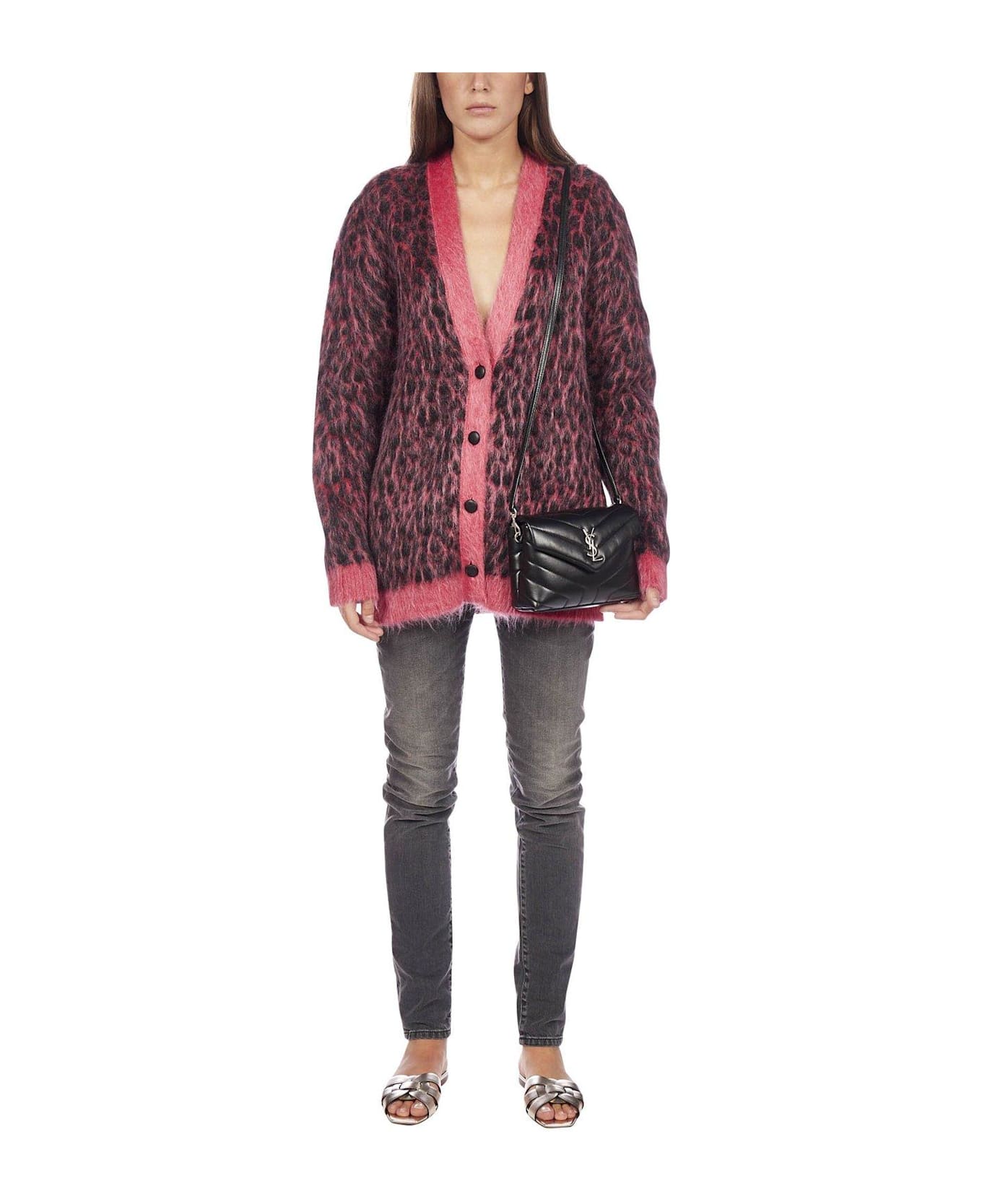 Saint Laurent Leopard Knitted Cardigan - PINK