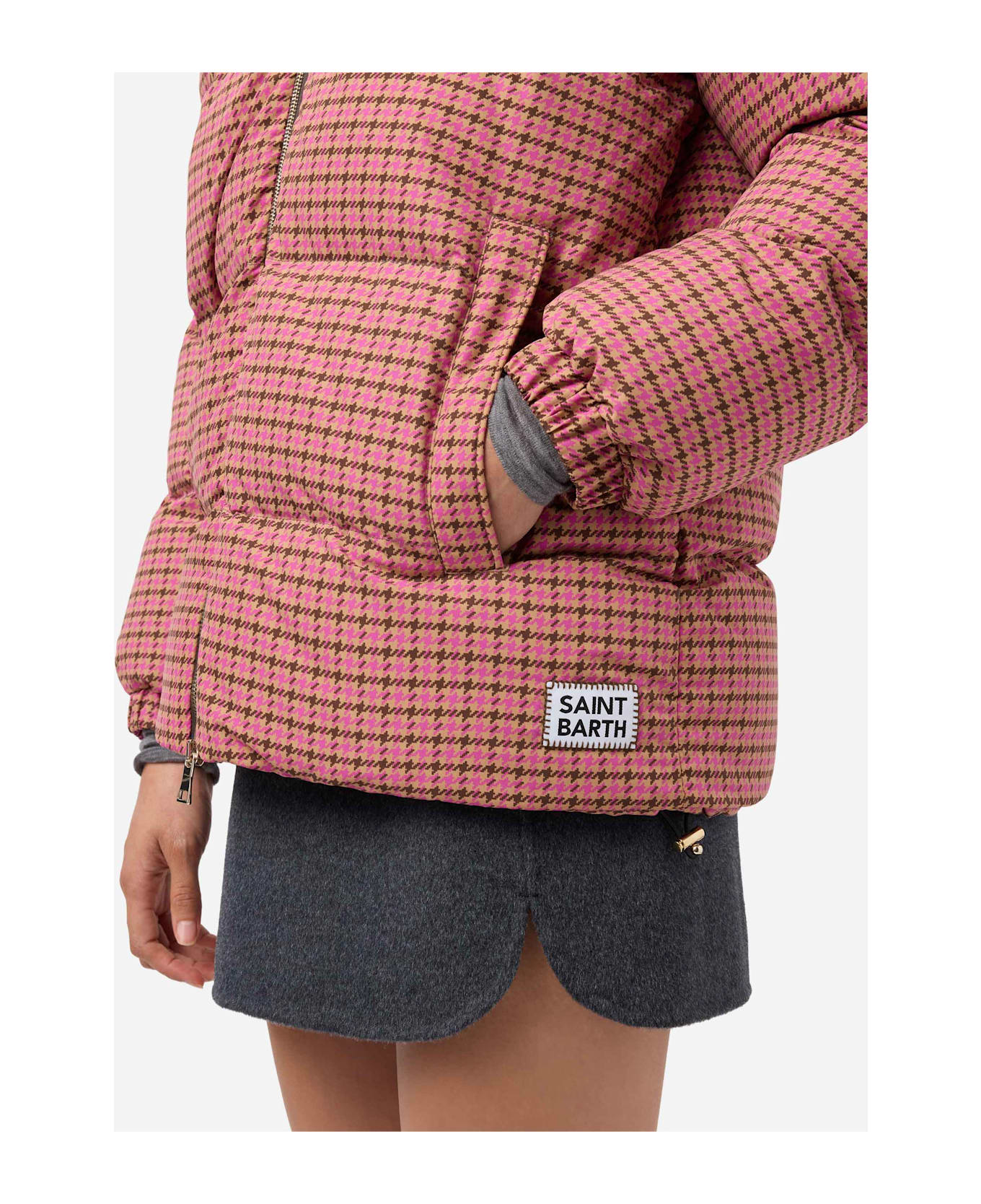 MC2 Saint Barth Hooded Down Padded Jacket Geneve With Pied De Poul Print - PINK