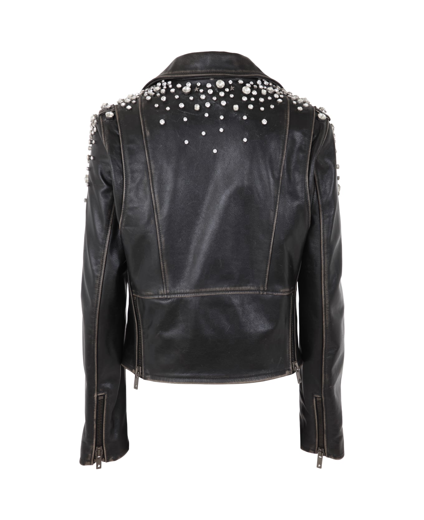 Golden Goose Golden Chiodo Jacket Distressed Bull Leather With Crystals Stones - Black