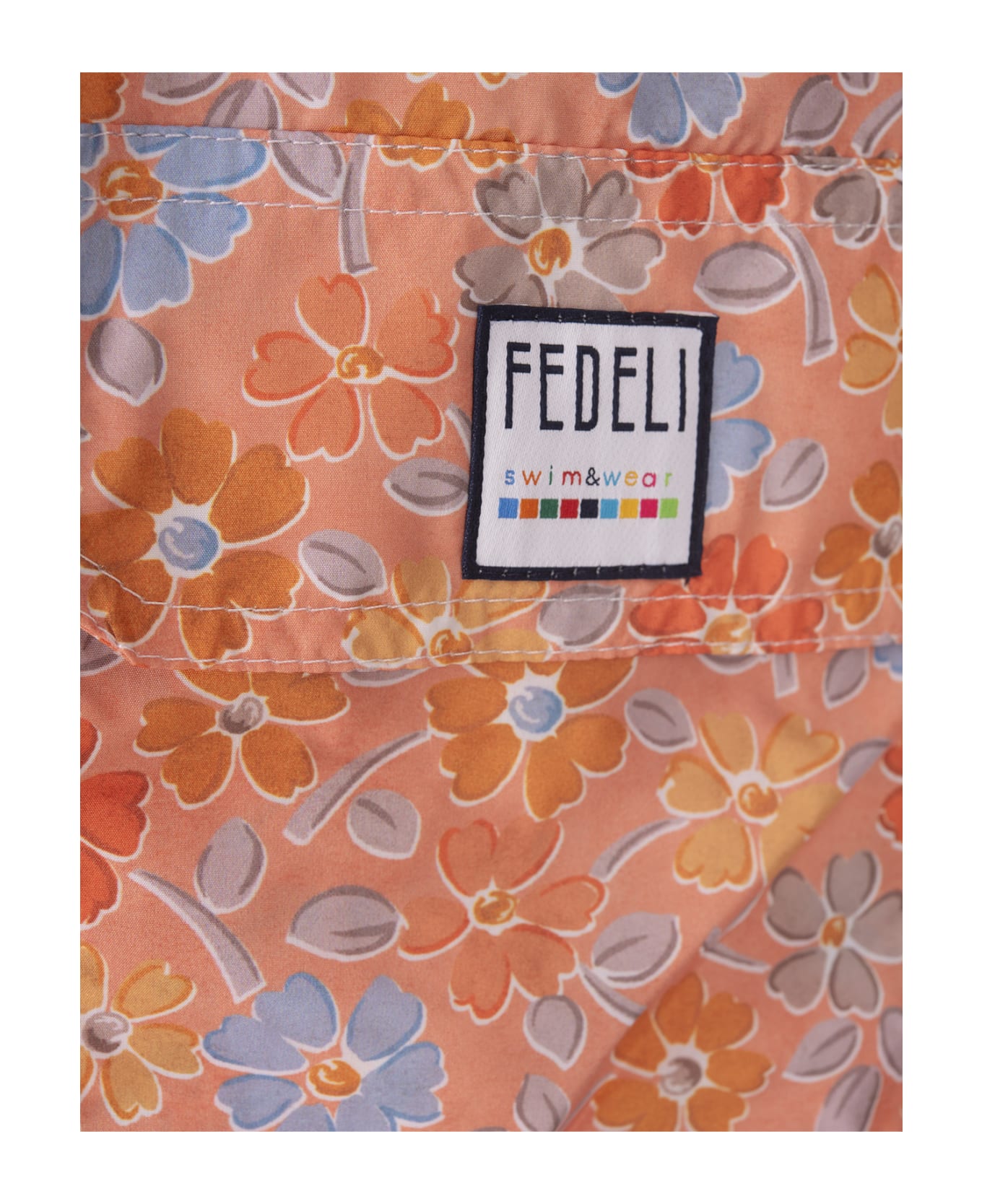 Fedeli Orange Swim Shorts With Multicoloured Flower Pattern - Orange