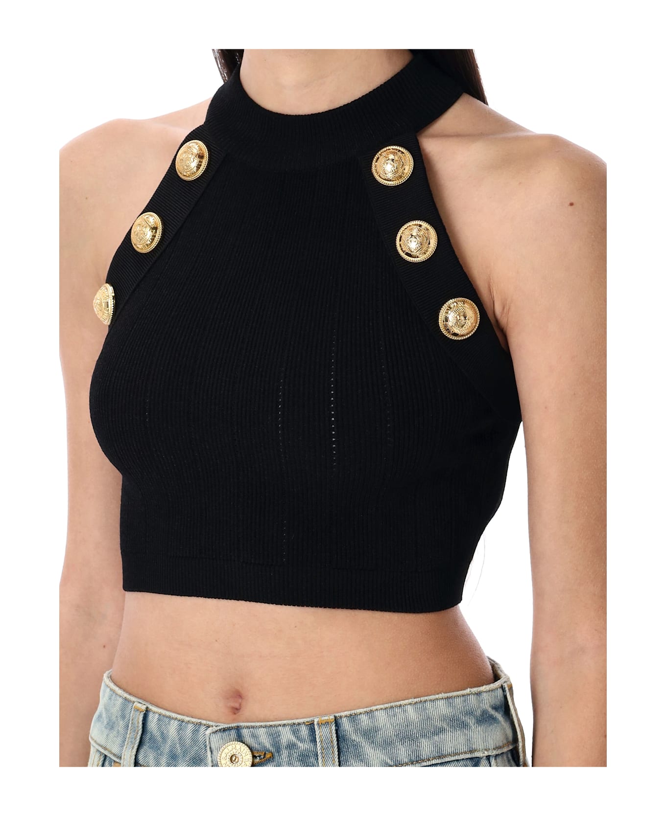 Balmain 6-button Knit Halterneck Top - BLACK