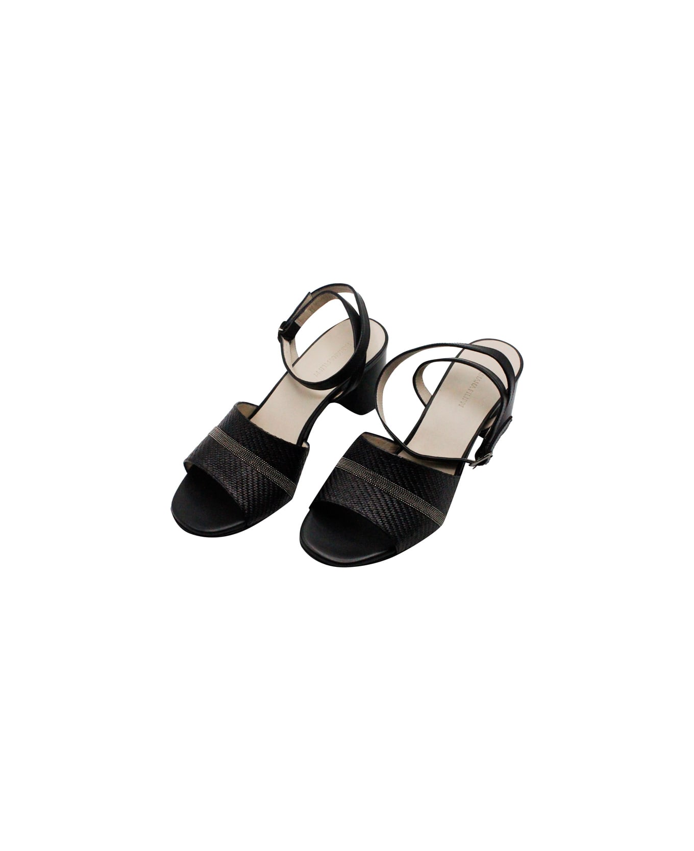 Fabiana Filippi Sandal Shoe Made Of Soft Leather With Adjustable Ankle Closure Embellished With Brilliant Jewels On The Front. Heel Height 6 - Black サンダル