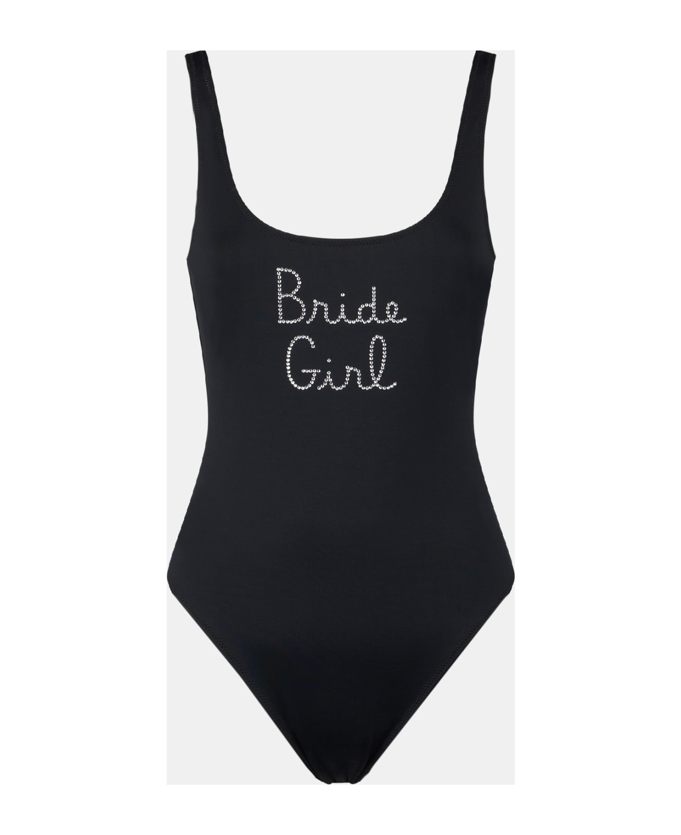 MC2 Saint Barth Woman One Piece Swimsuit With Bride Girl Rhinestone Embroidery - BLACK