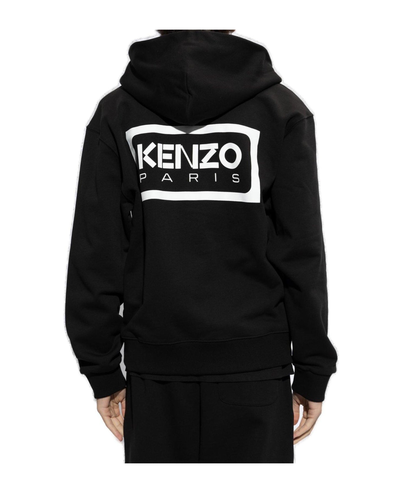 Kenzo Logo Embroidered Zip Up Hoodie - BLACK