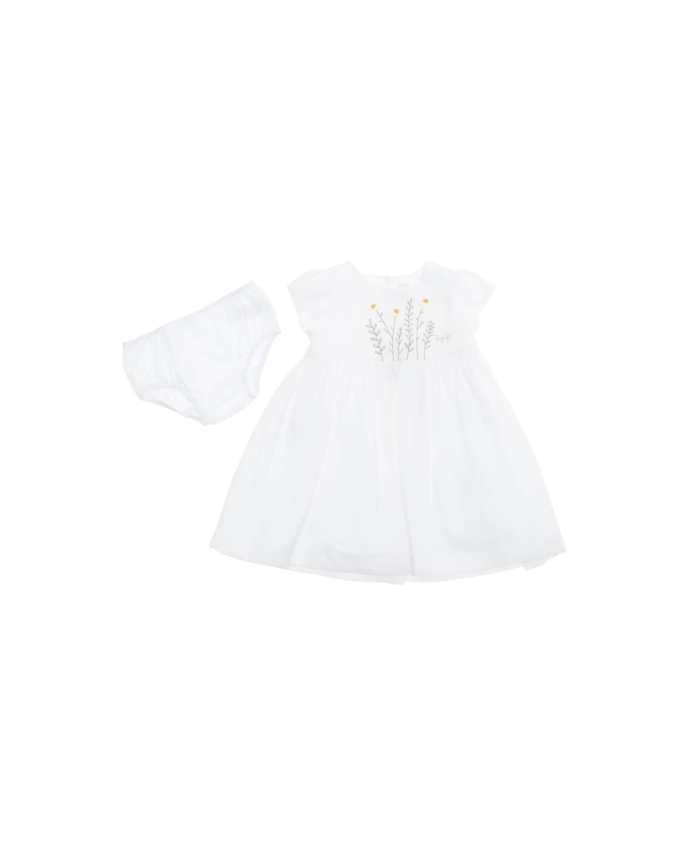 Il Gufo White Crewneck Dress With Embroidery On The Front And Matching Shorts In Linen Baby - White