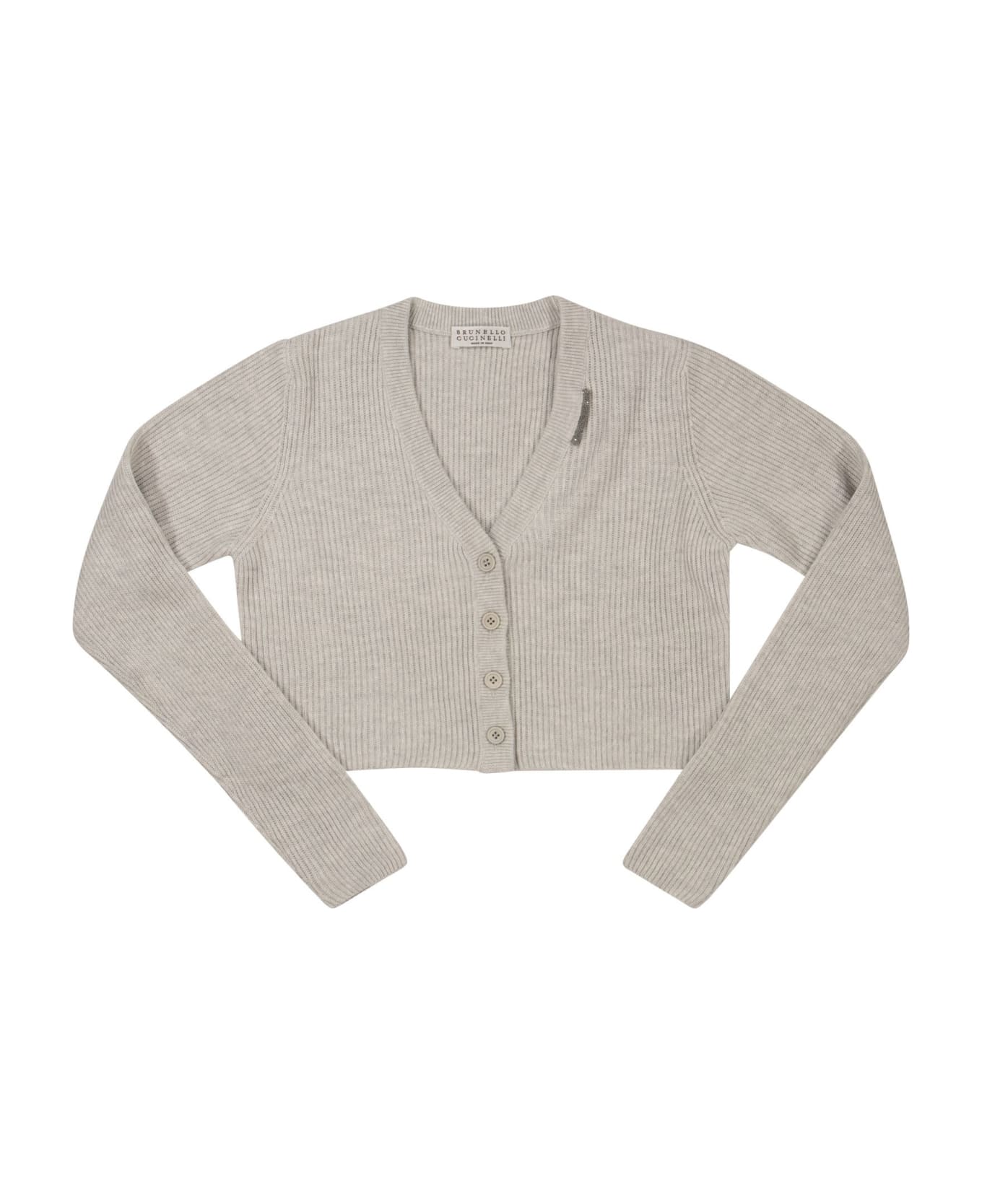 Brunello Cucinelli Short Ribbed Cotton Cardigan With Necklace - Fog