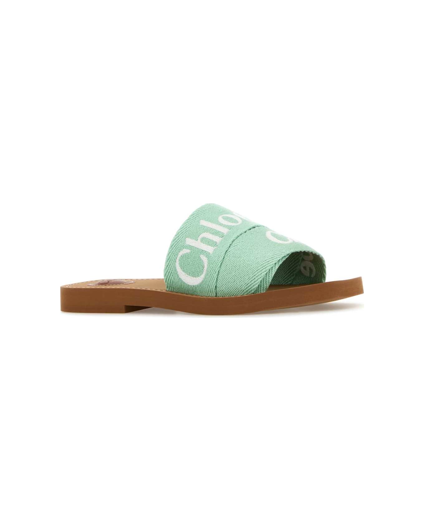 Chloé Mint Green Linen Woody Slippers - SPEARMINT