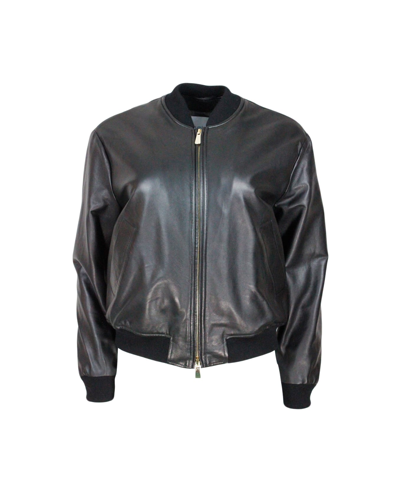 Bomber Jacket With Zip In Soft And Precious Leather With Cashmere Lining.  Knitted Collar, Cuffs And Bottom Hem