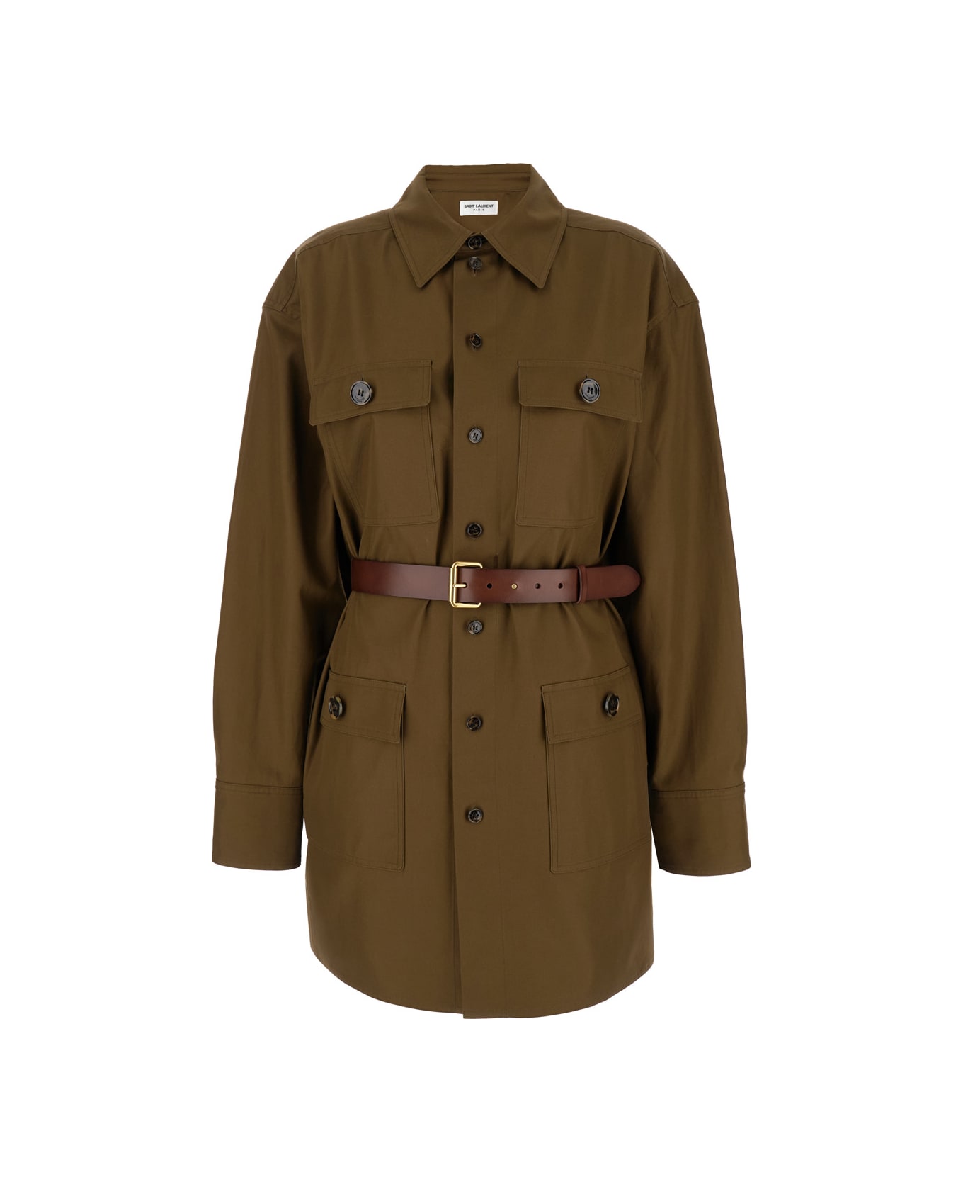 Saint Laurent Green Safari Jacket With Belt In Cotton Woman - Green コート