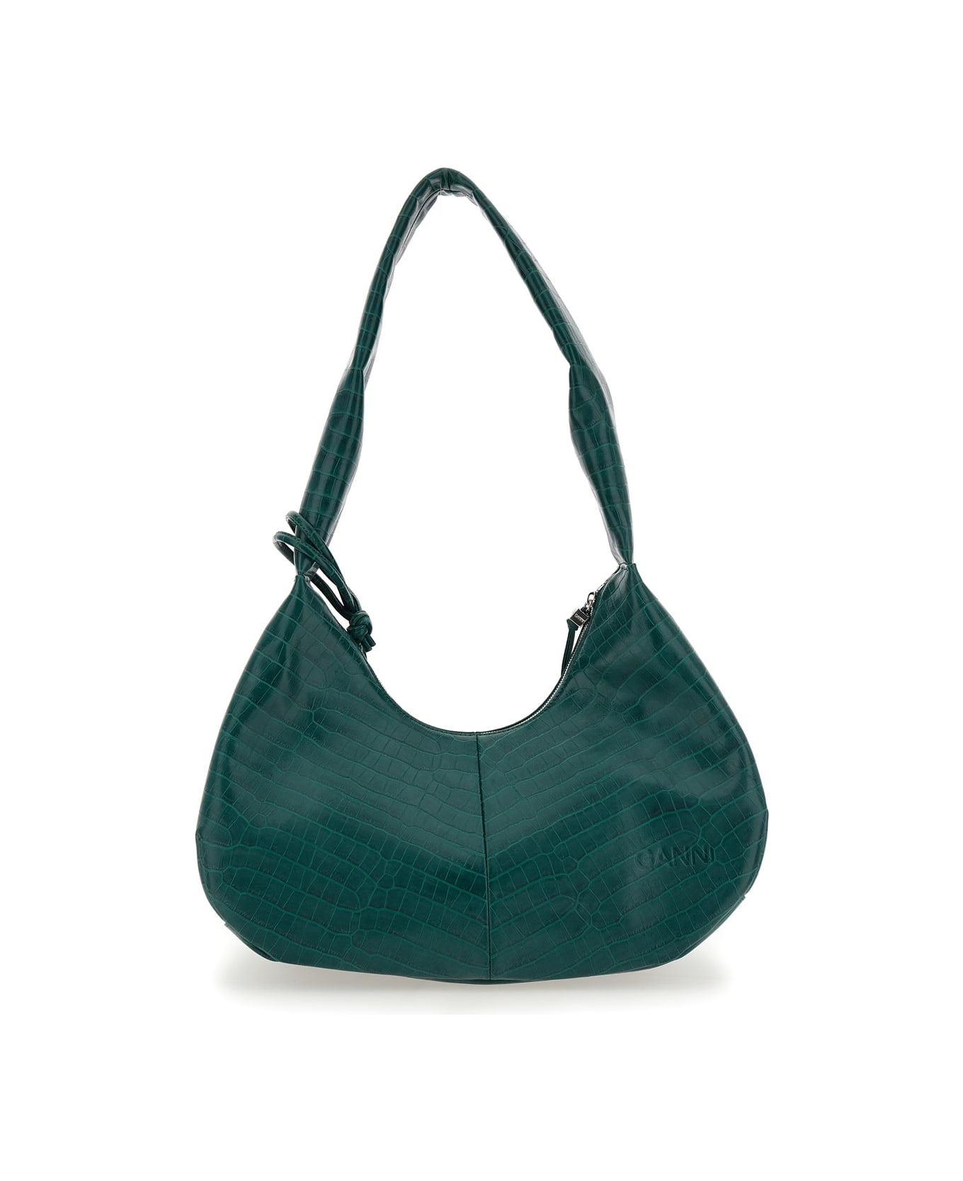 Ganni 
medium Bou
 Green Shoulder Bag With Crocodile Leather Effect And Logo Plaque In Leather Woman - Green