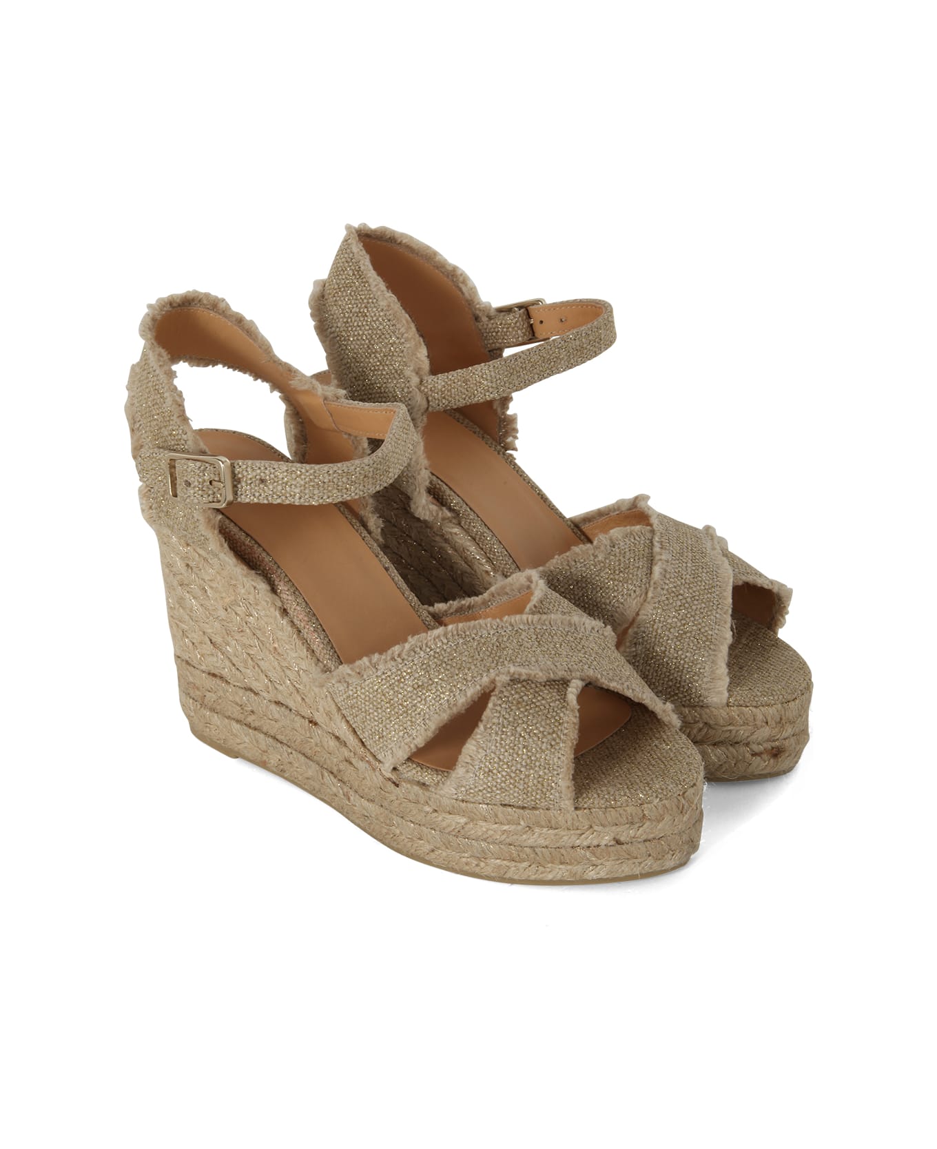 Castañer Bromelia Espadrilles With Belt On Ankles And Fringed Ankles - Light Gold サンダル