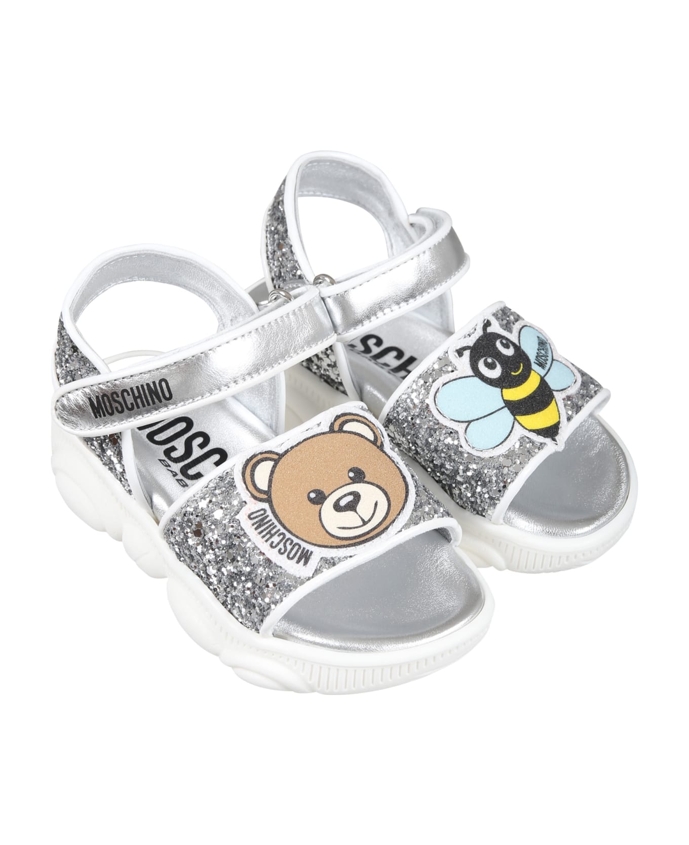 Moschino Silver Sandals For Girl With Teddy Bear, Bee And Logo - Silver