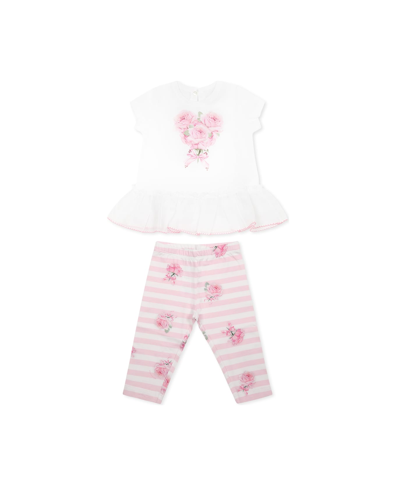 Monnalisa White Suit For Baby Girl With Rose - White