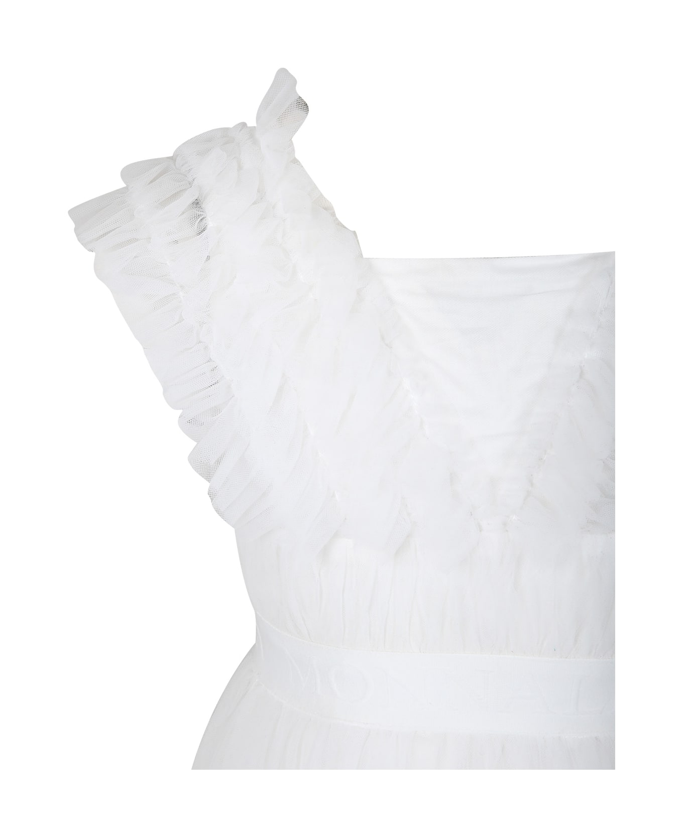 Monnalisa Elegant White Dress For Girl With Tulle - White ワンピース＆ドレス
