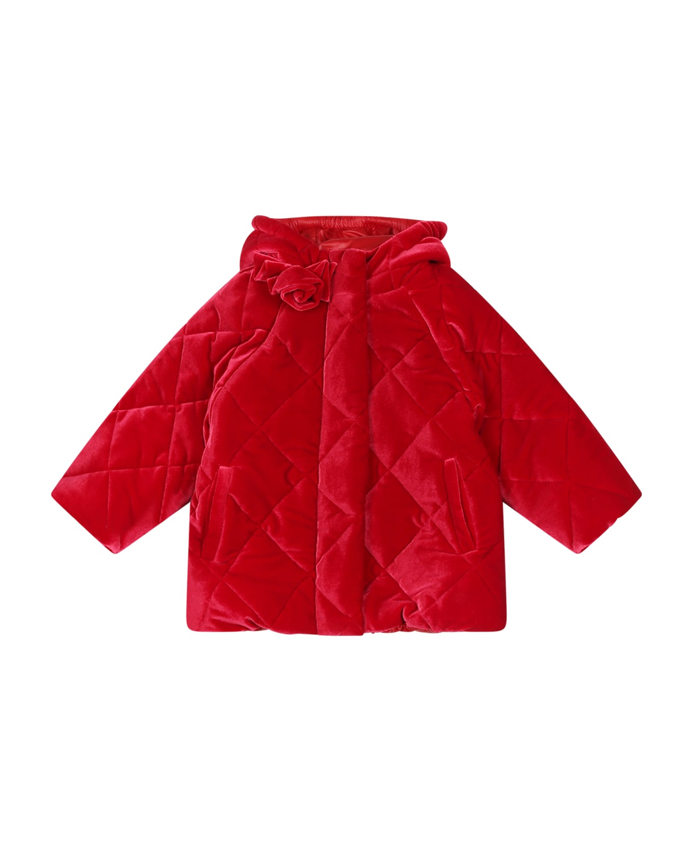 Monnalisa Red Down Jacket For Baby Girl With Rose - Red