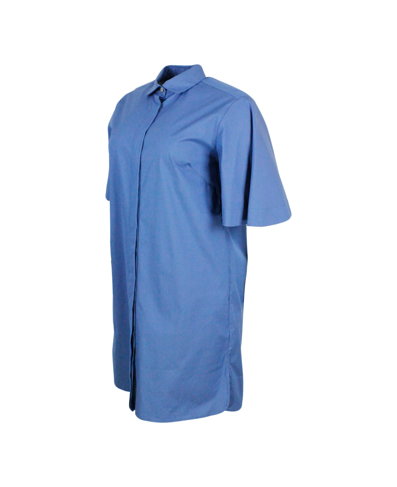 Barba Napoli Short 3/4 Sleeve Dress In Stretch Cotton With Concealed Button Placket - Blu light