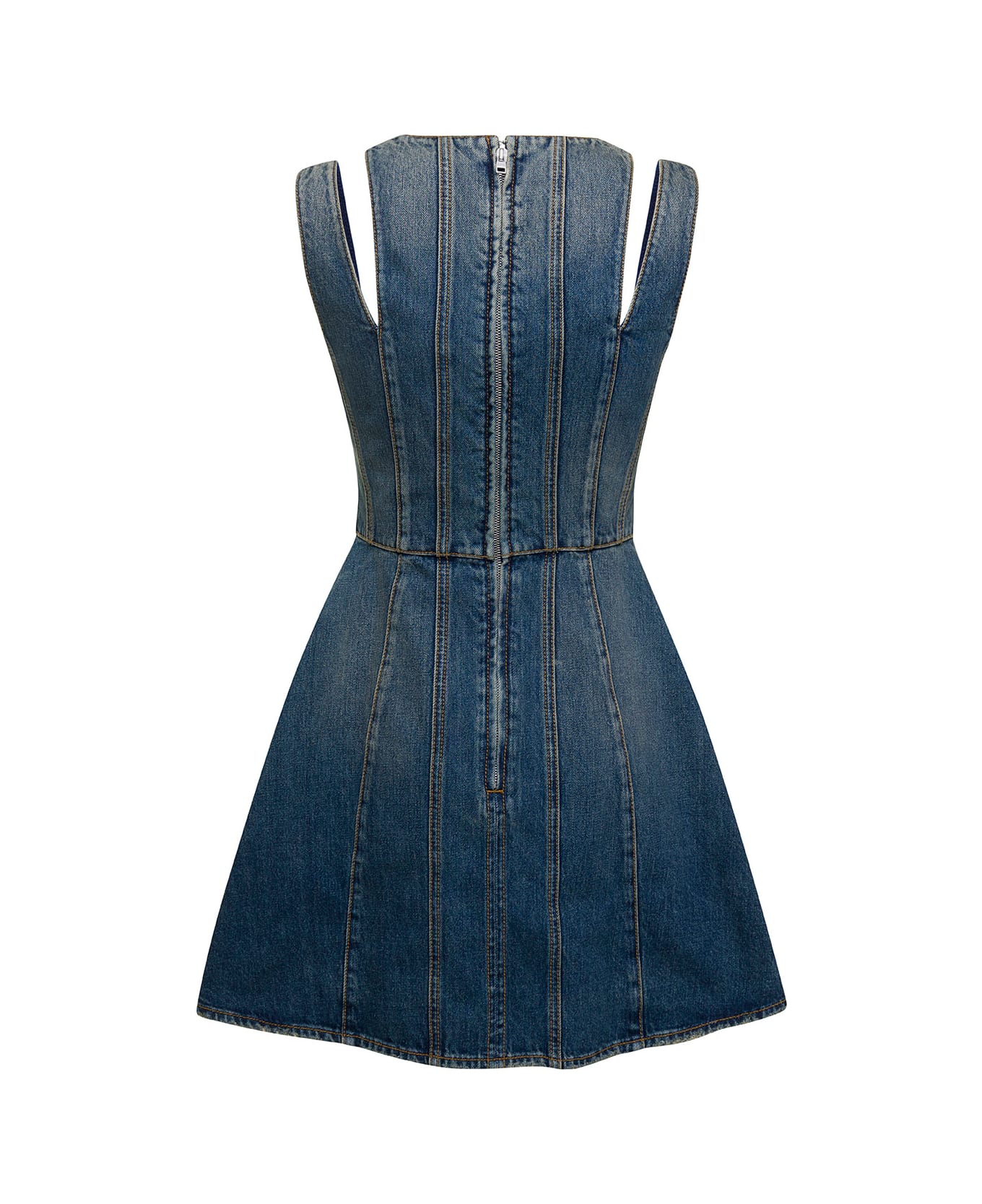Alexander McQueen Blue Mini Dress With Cut-out Detail And Pleated Skirt In Cotton Denim Woman - Blu ワンピース＆ドレス