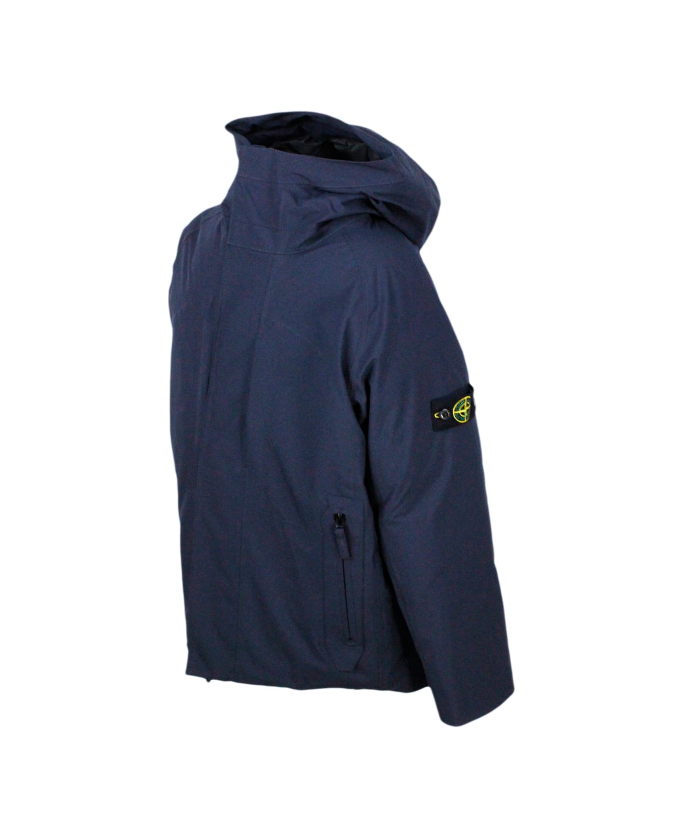 Stone Island Junior Padded Down Jacket With Hood In Technical Fabric Made With Recycled Bottles E.dye Technology With 100% Real Goose Down Padding - Blu コート＆ジャケット