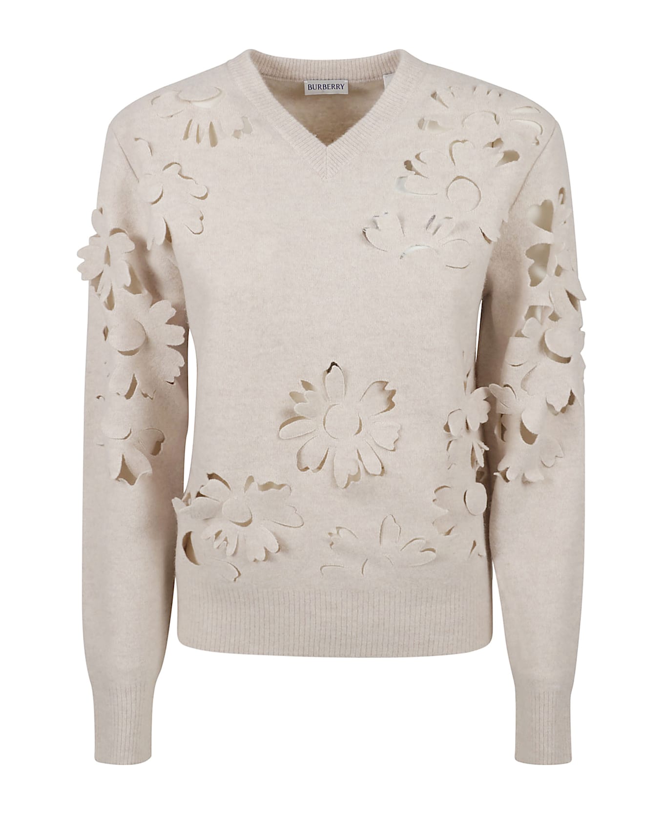 Burberry V-neck Perforated Rib Sweater - NUTMEG