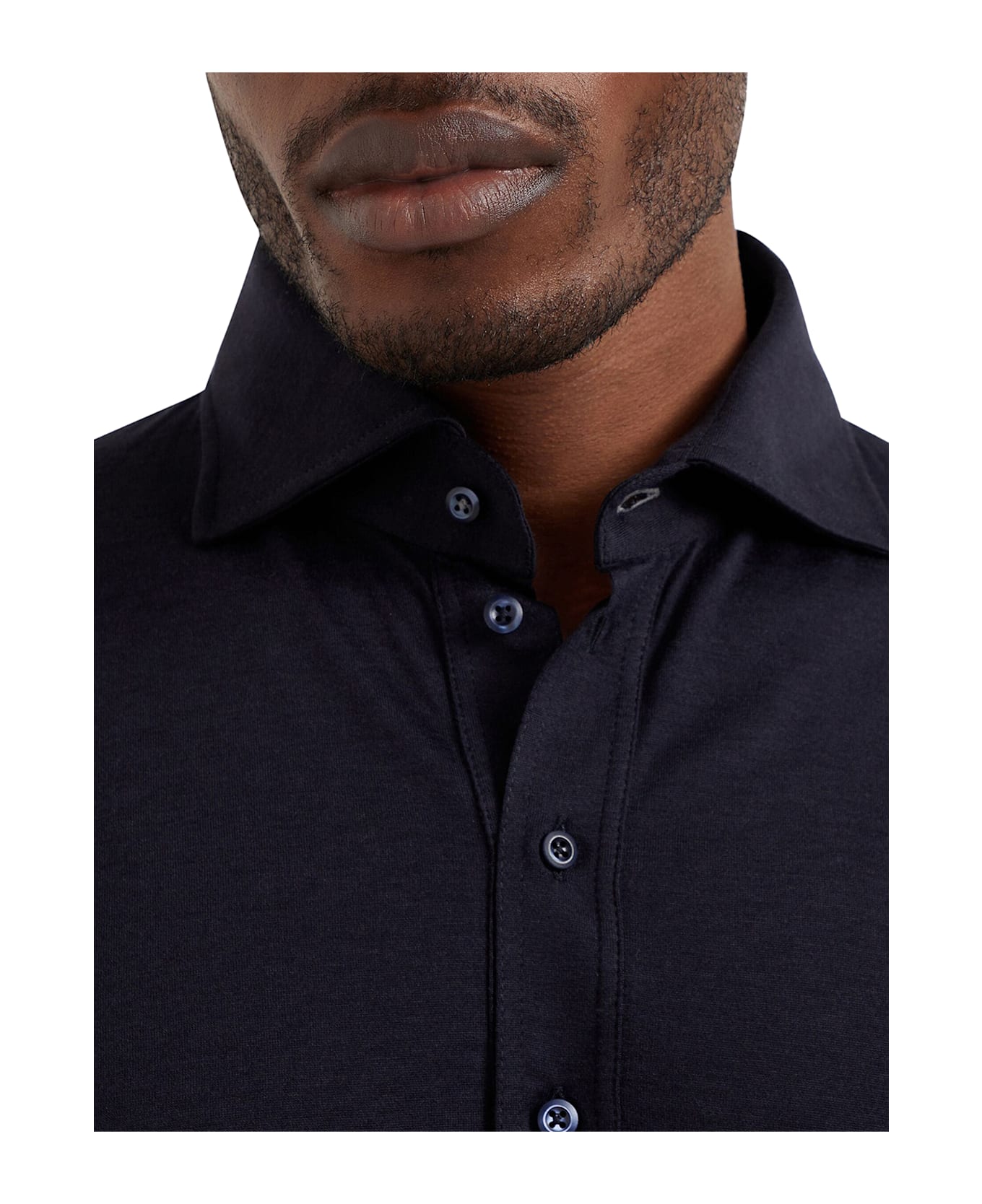 Brunello Cucinelli Long-sleeved Polo Shirt In Light Silk And Cotton Jersey With Shirt Collar - BLUE