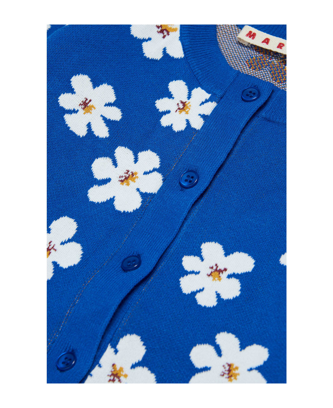 Mk111f Knitwear Marni Blue Short-sleeved Cardigan With Jacquard Daisy ...
