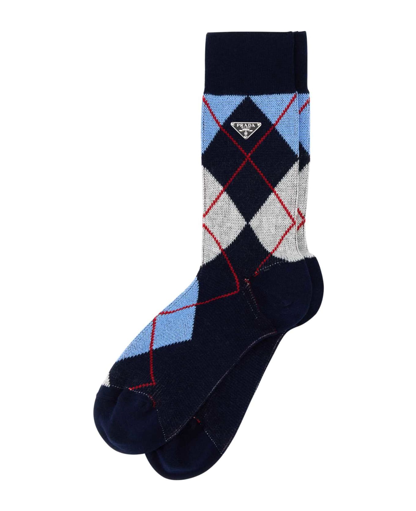 Prada Embroidered Stretch Cotton Blend Socks - BLEU